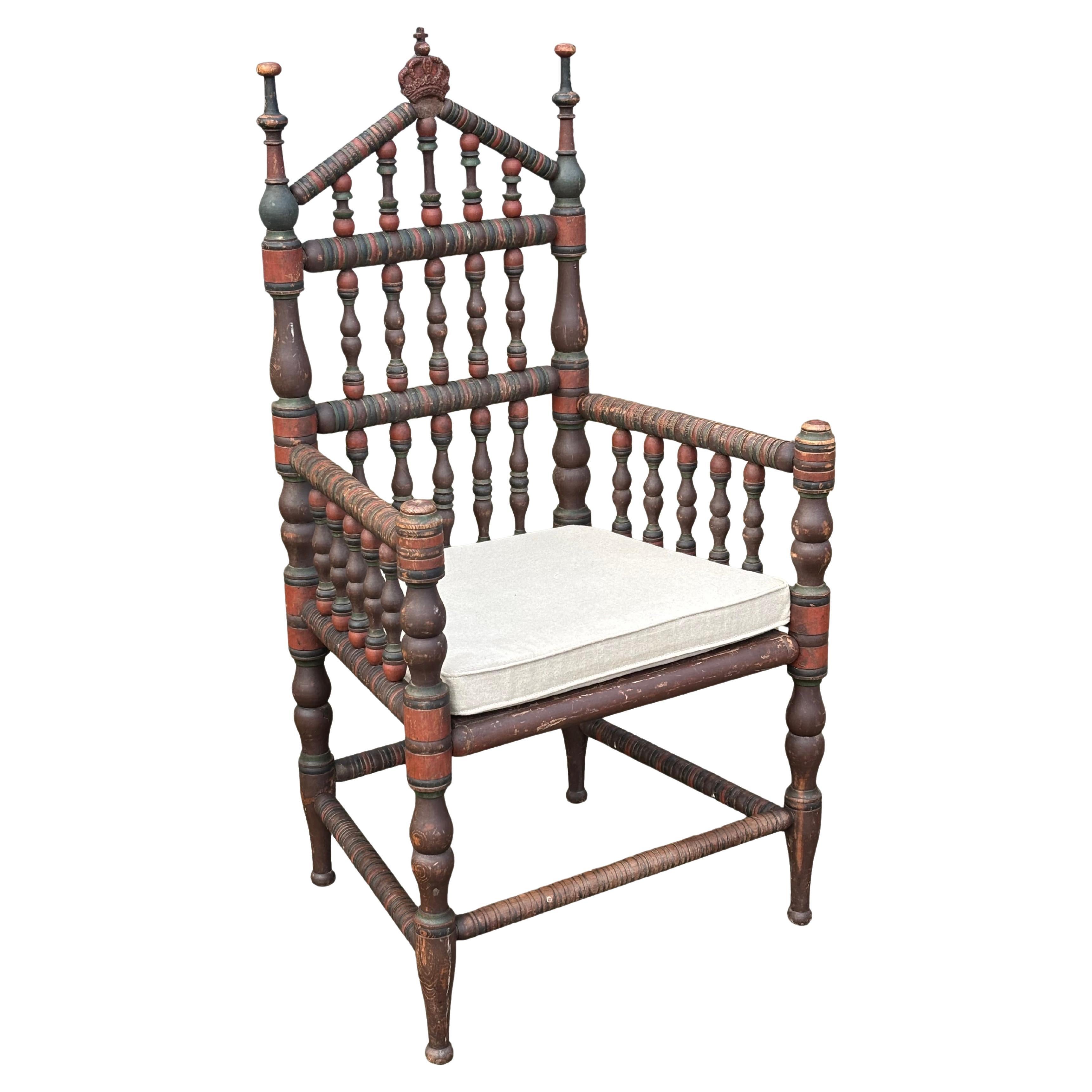 Early 19th Century Swedish Bobbin Country Throne Armchair For Sale