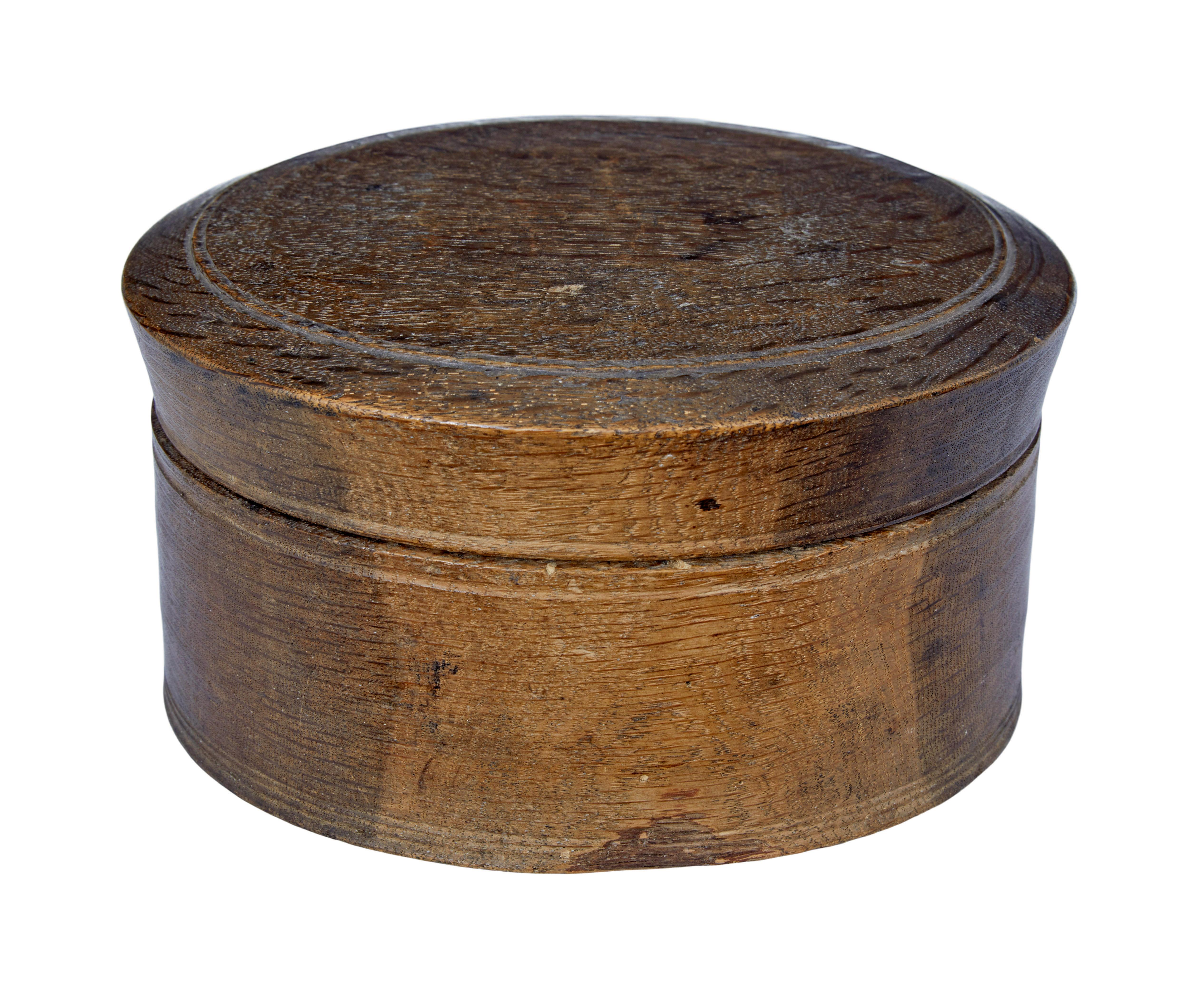 Early 19th century Swedish carved oak lidded box circa 1800.

Interesting find from one of our buying trips, naive carved/turned box made from solid oak. Still functional as an everyday item today.

Minor surface marks and losses.