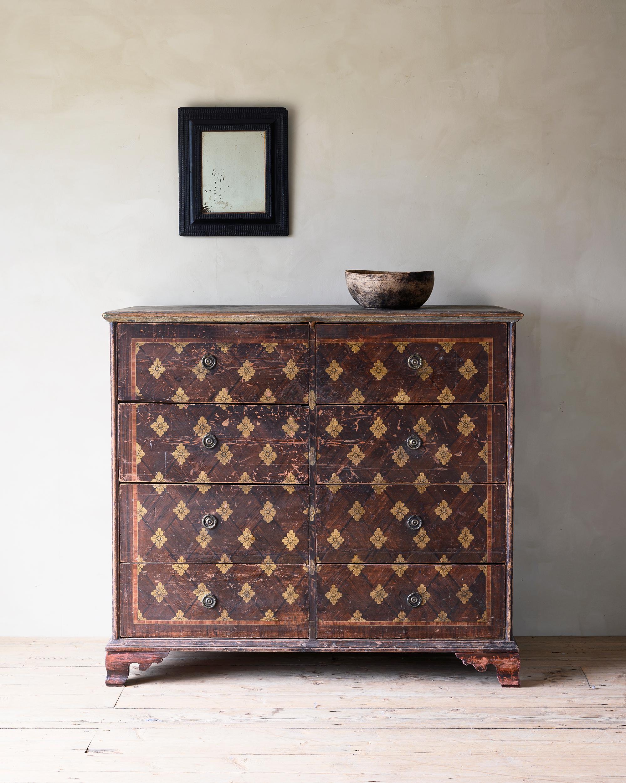 Remarkable and unusual Swedish provincial manor house chest of drawers / commode from the Gustavian period. Exceptional original painted decor. ca 1800 Sweden / Scandinavia. Nicknamed The Louie Vuitton Commode ;)
