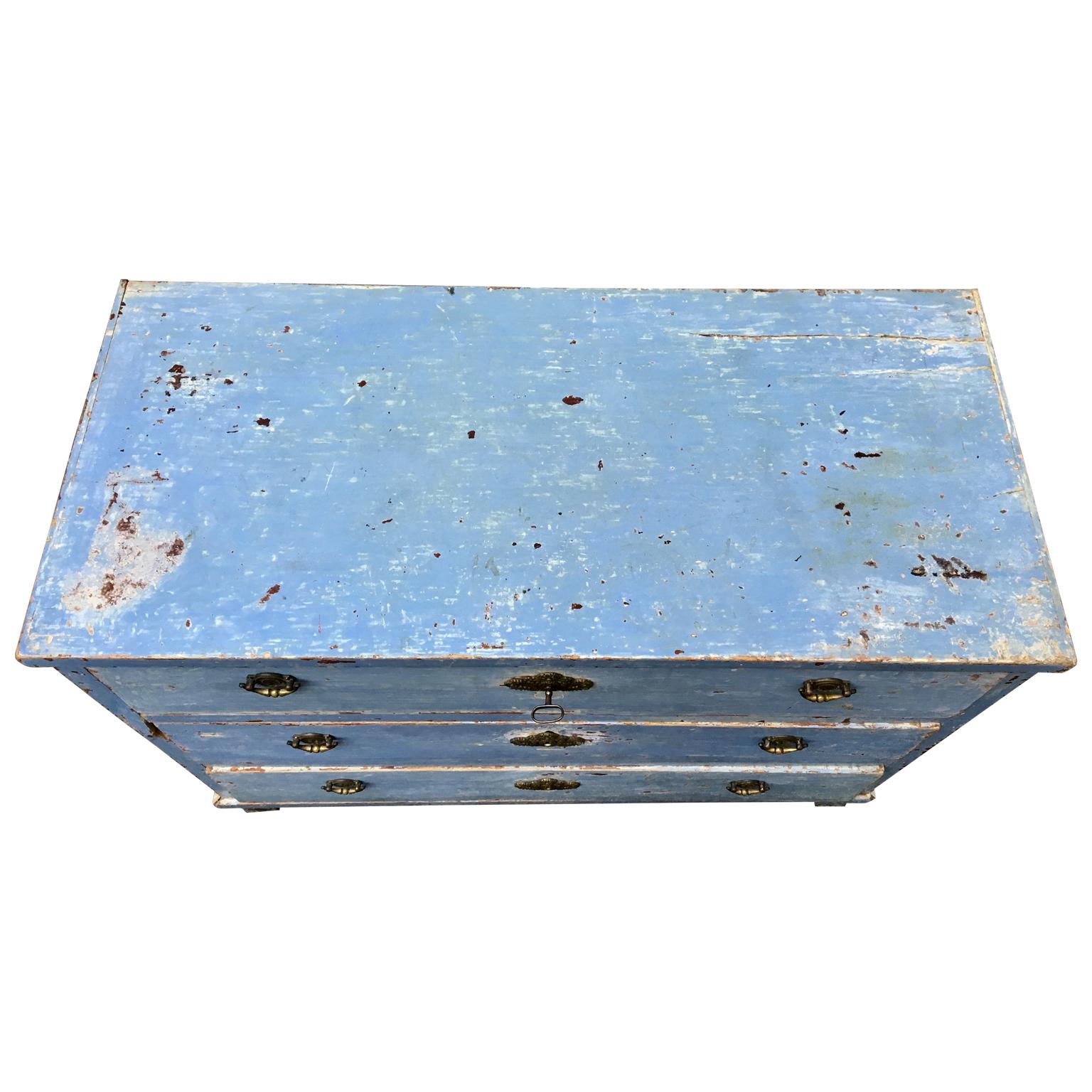 Painted Early 19th Century Swedish Chest of Drawers with Original Blue Scraped Paint