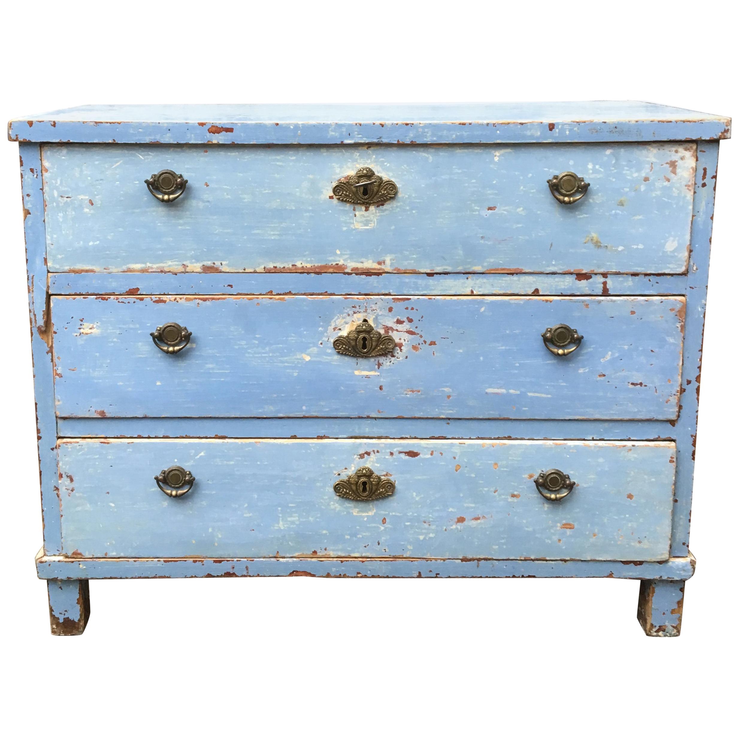 Early 19th Century Swedish Chest of Drawers with Original Blue Scraped Paint