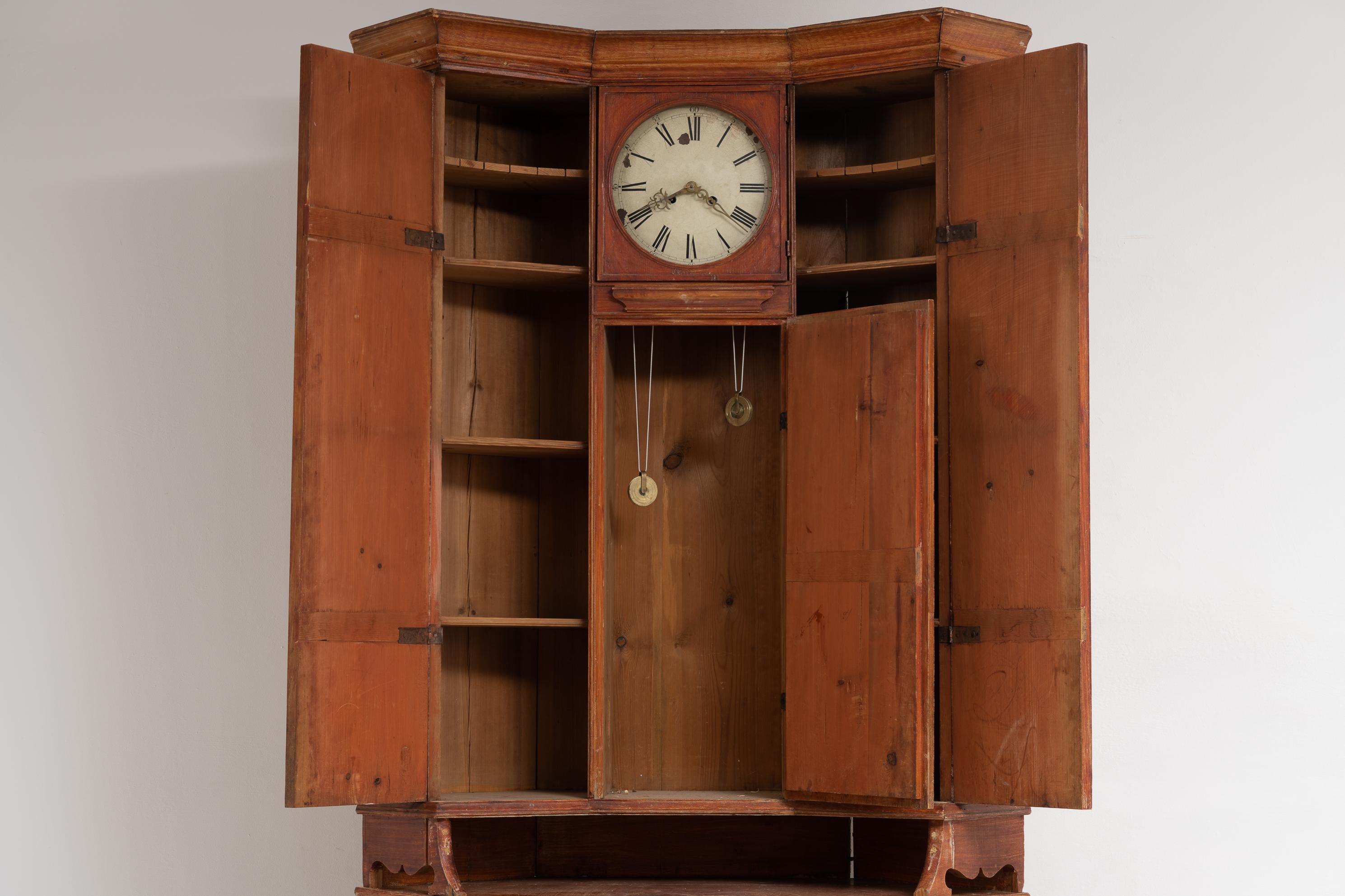 Hand-Crafted Antique Genuine Swedish Country Corner Clock Secretary Cabinet Desk For Sale