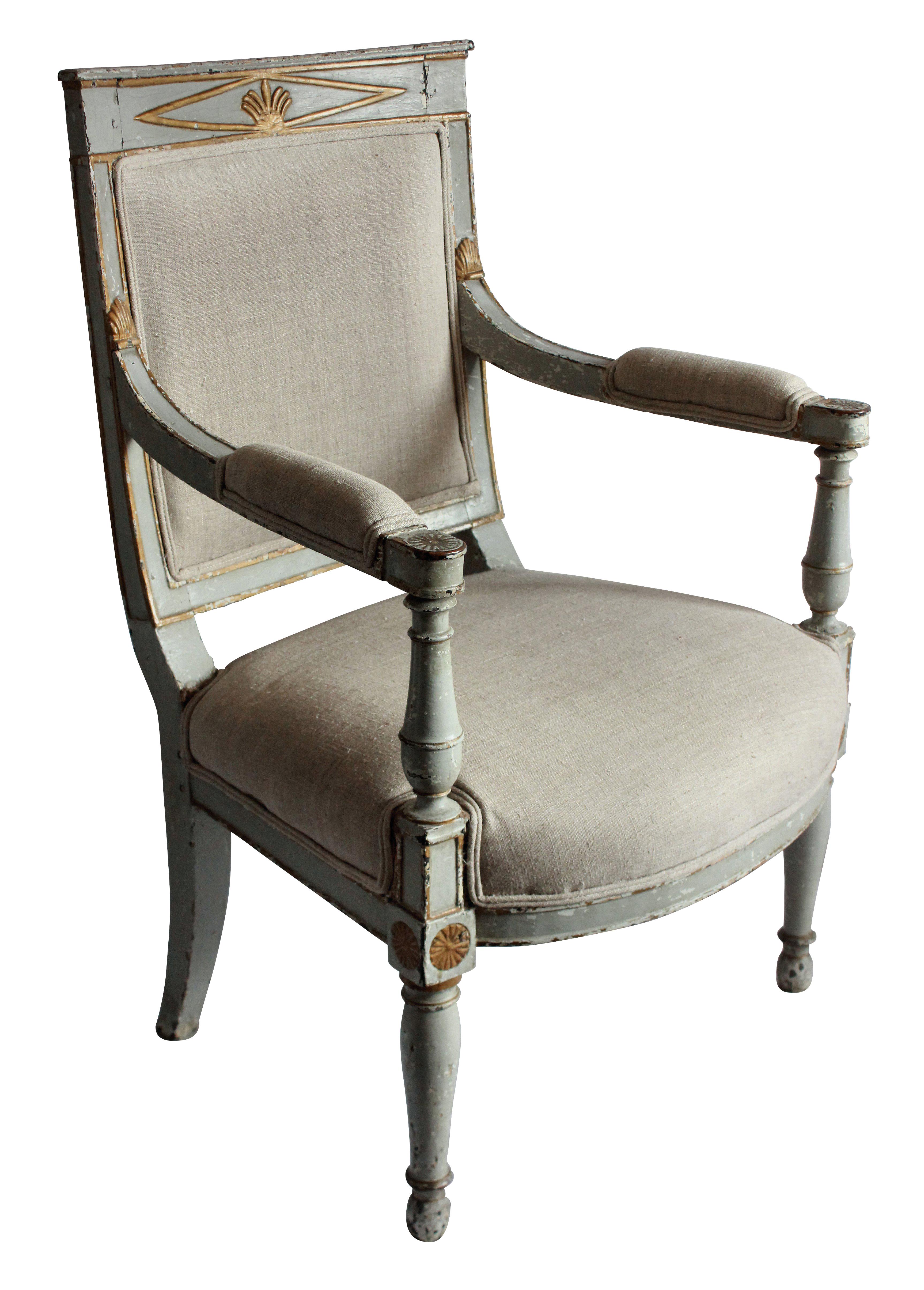 An early 19th century Swedish desk chair with original paints in a duck egg grey. Upholstered in linen and horse hair.