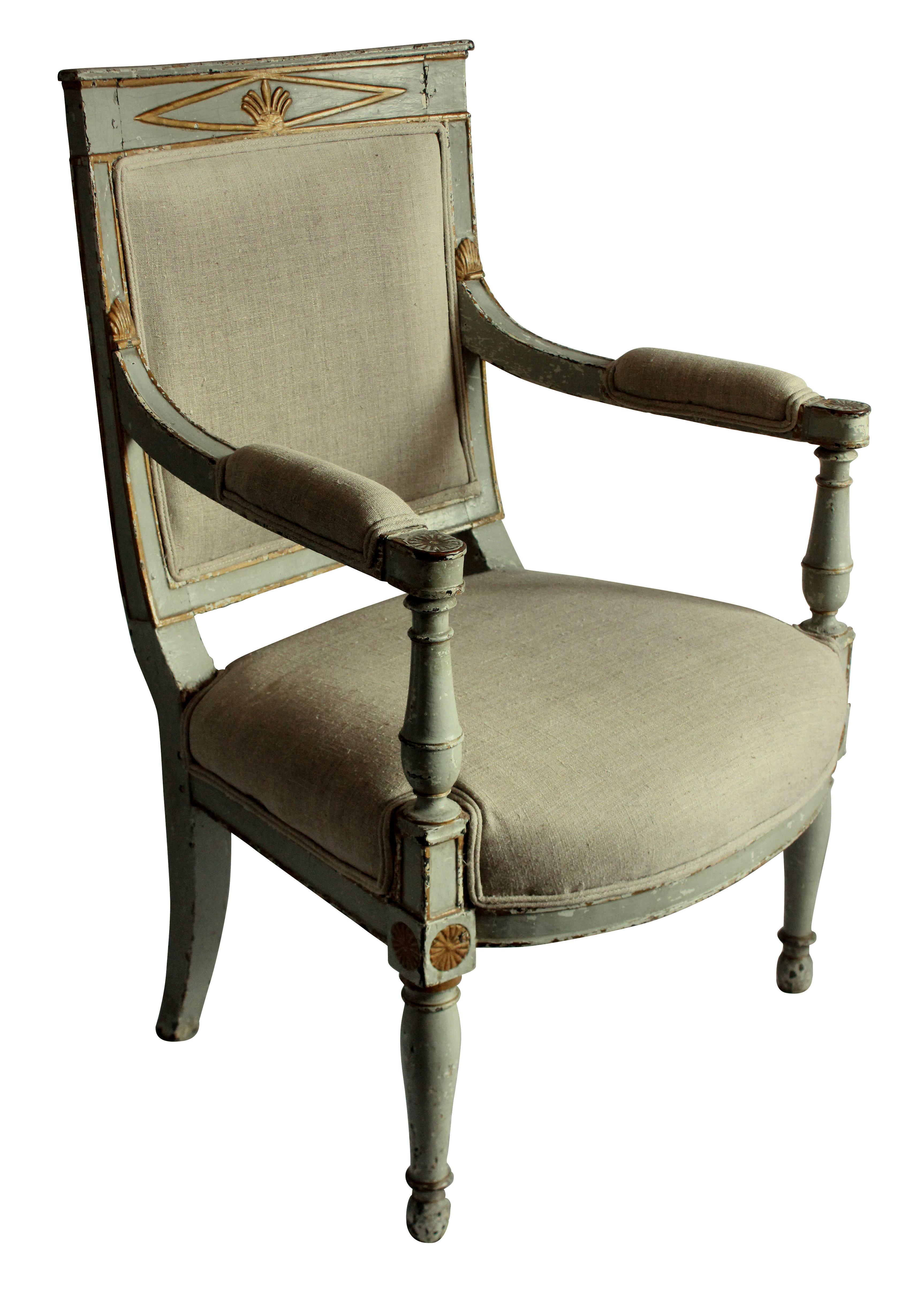 An early 19th century Swedish desk chair with original paints in a duck egg grey. Upholstered in linen and horse hair.