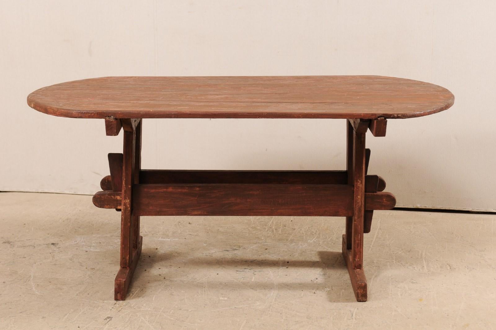 Carved Early 19th Century Swedish Falun Red Wood Trestle Breakfast Table or Desk For Sale