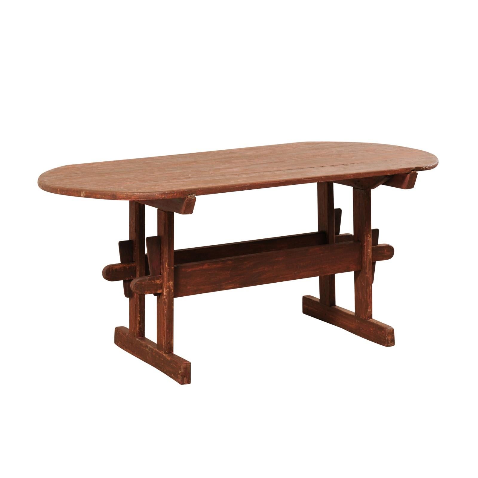 Early 19th Century Swedish Falun Red Wood Trestle Breakfast Table or Desk