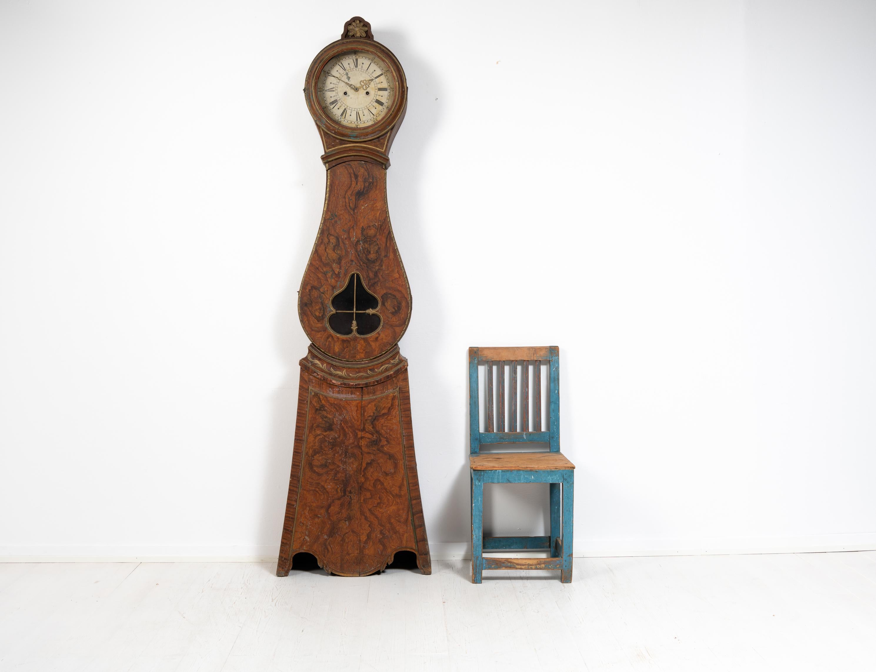Folk Art Genuine Unusual Antique Northern Swedish Faux Paint Long Case Clock For Sale