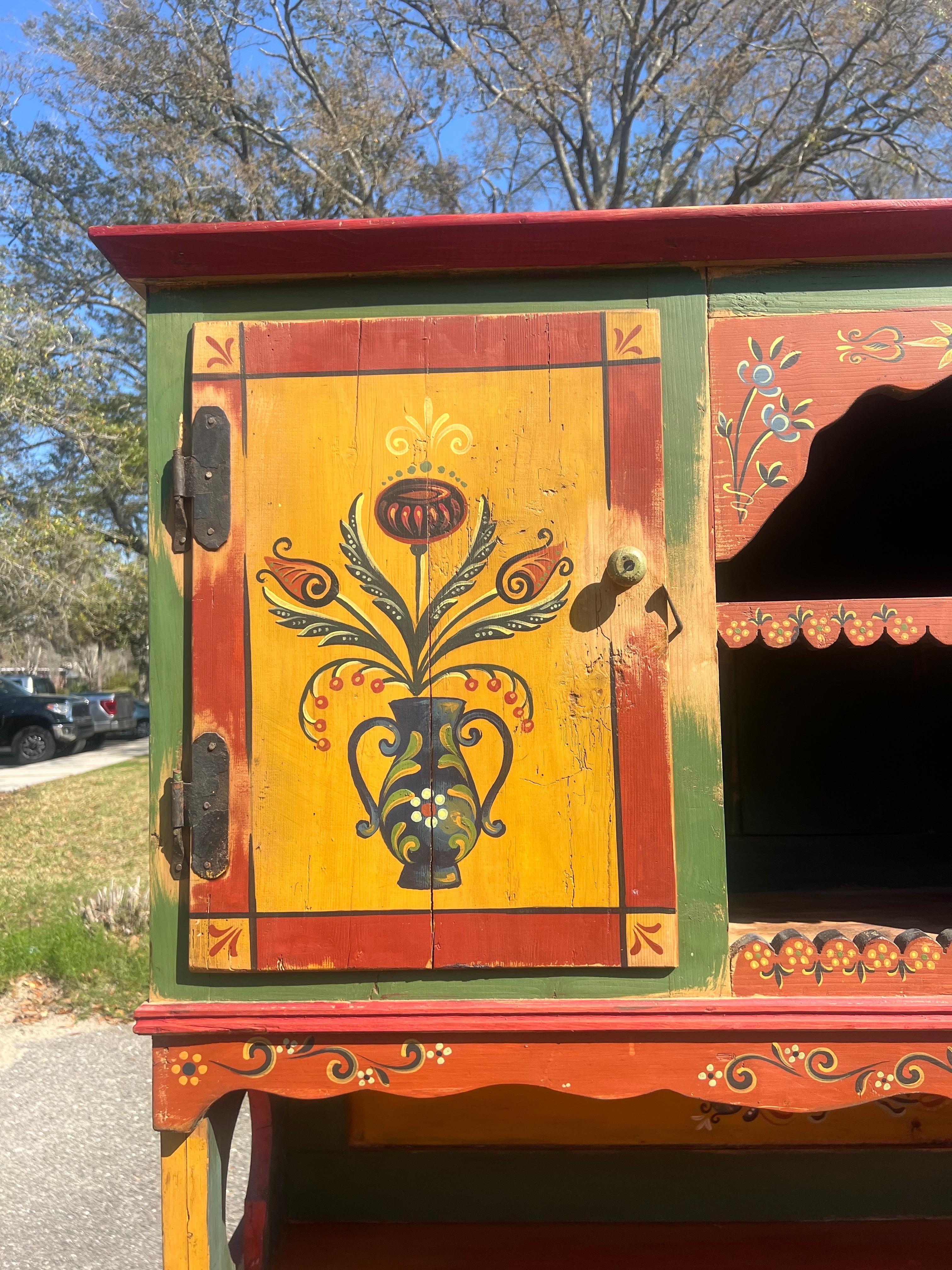 Early 19th Century Swedish Folk Art Painted 2 Piece Step Back Cabinet In Good Condition For Sale In Charleston, SC