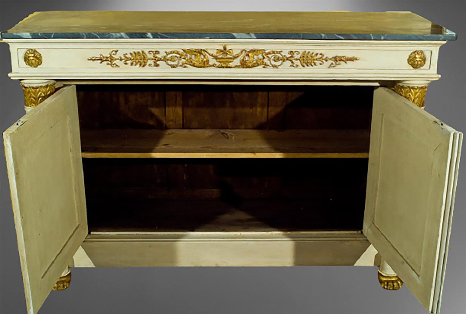 Finest early 19th century Swedish (possibly Italian) commode with marble top. Paint decorated with gold leaf highlights.