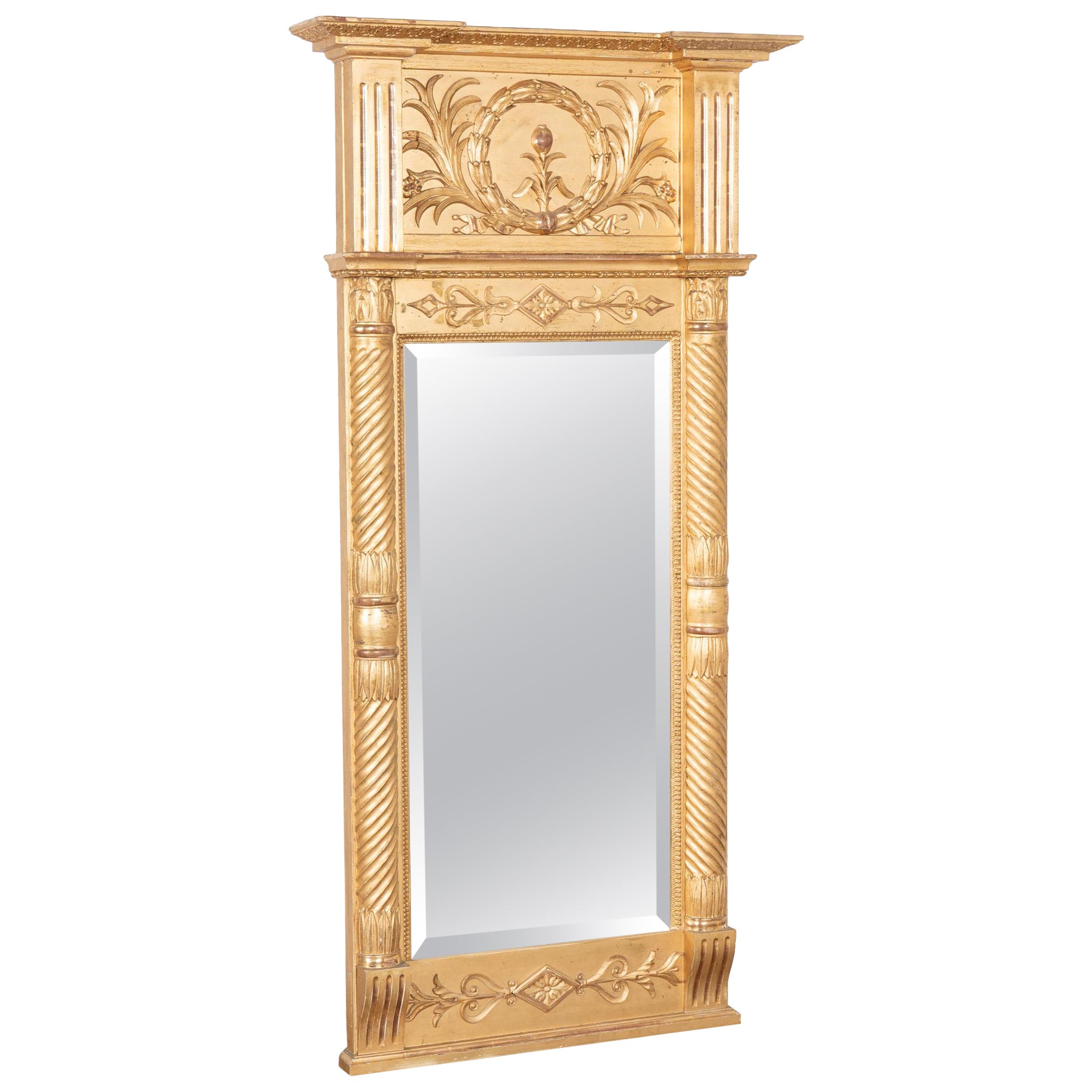 Early 19th Century Swedish Gold Giltwood Mirror with Laurel Wreath Crest For Sale