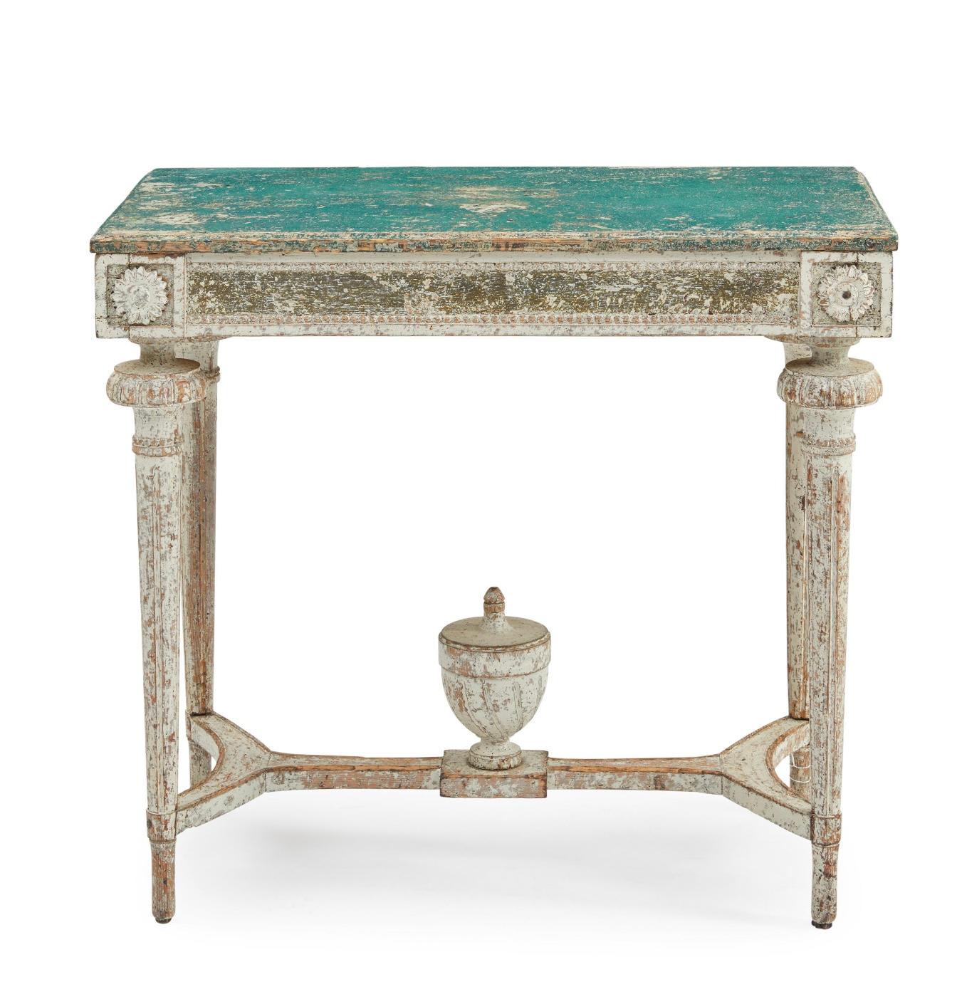 Early 19th Century Swedish Gustavian Polychrome Painted Console Table, Circa 1810. Fabulous antique Swedish Gustavian freestanding console table featuring original greyish green, blue and creamy white polychrome hand painted finish. All worn to a