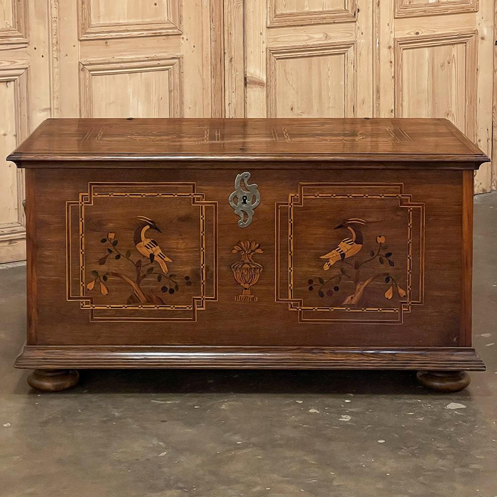 Early 19th century Swedish Inlaid trunk with Marquetry is a remarkable example of craftsmanship in the creation of artistically produced heirloom pieces designed to be enjoyed for centuries! The outer casework is old-growth seasoned oak, while the