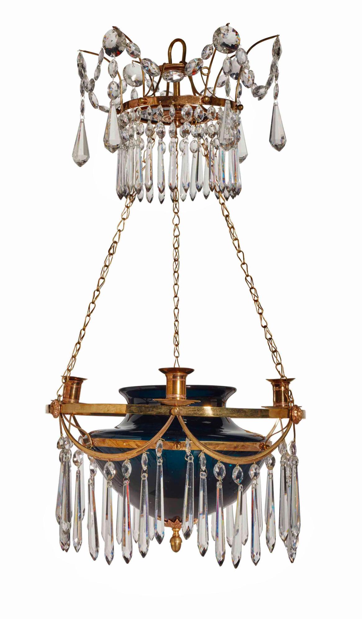 Early 19th Century Swedish Neoclassical Ormolu and Teal Glass Lantern Chandelier 1