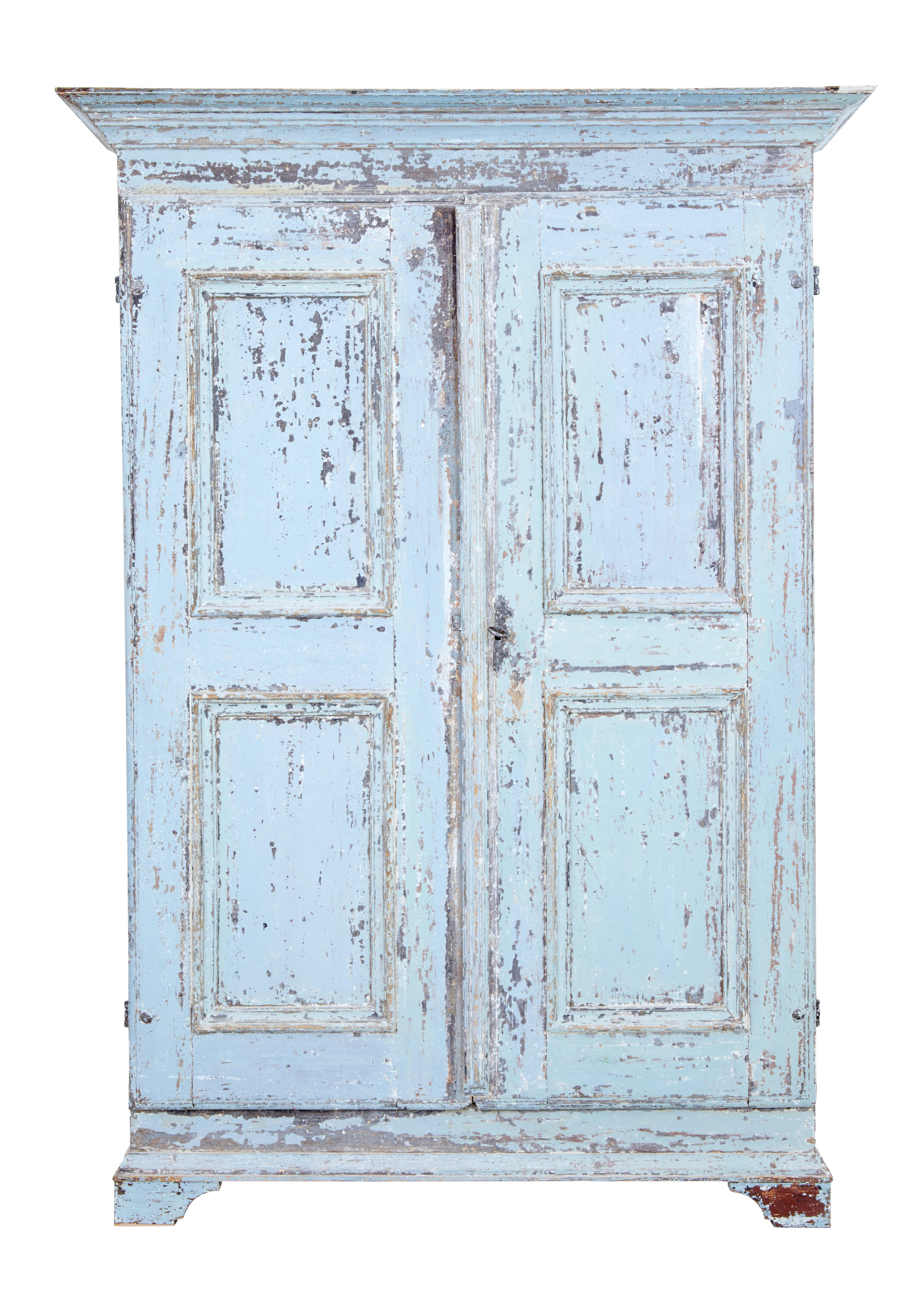 Fine quality pine tall cupboard circa 1800, with provenance of belonging to the Nobel family.

Alfred Nobel 1833-1896.

Presented in its original condition, which shows at least 2 layers of paint. Oversailing cornice, doors and sides with