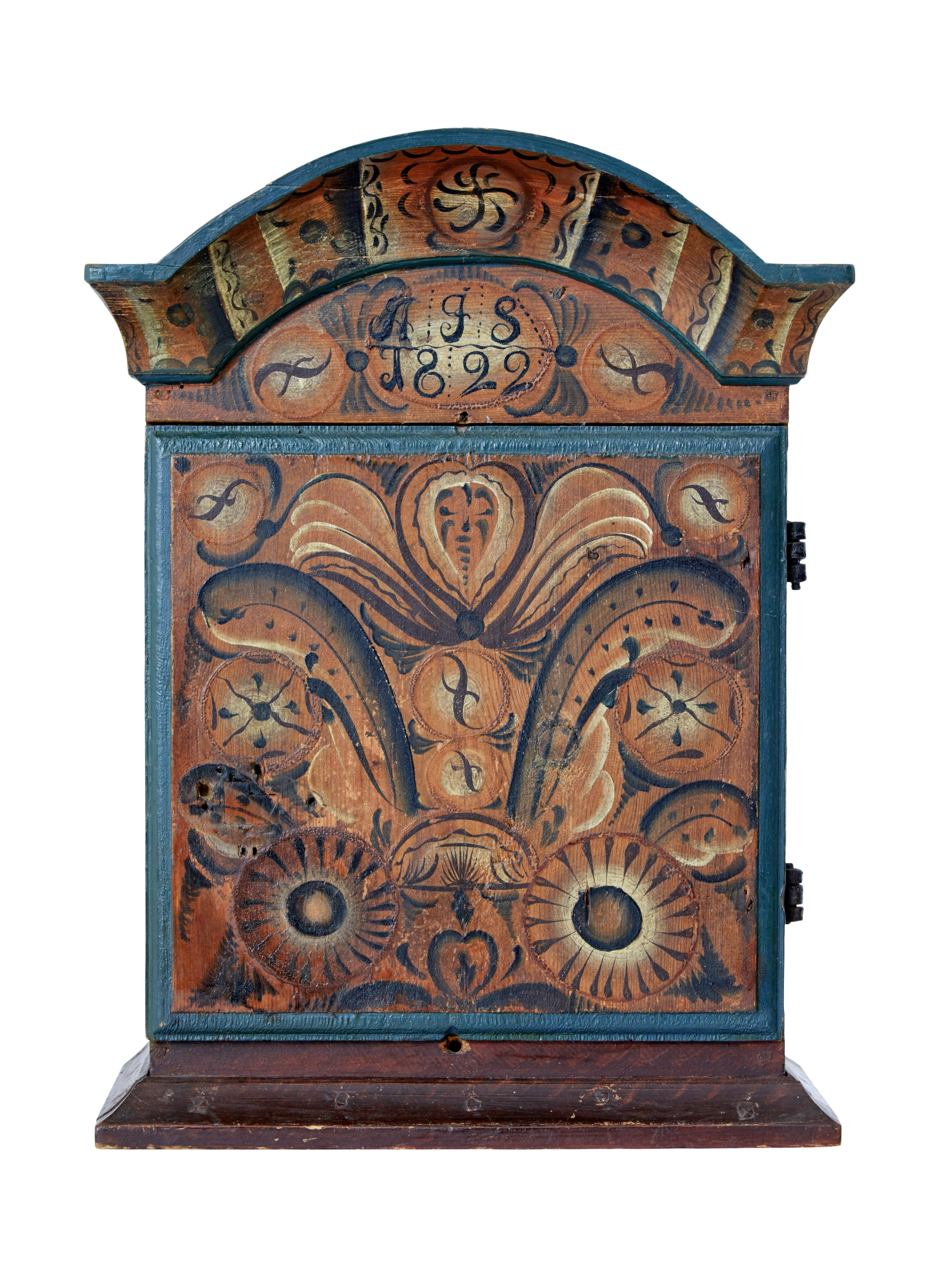 Early 19th century swedish painted wall cupboard circa 1822.

Fine quality dalarna region wall cupboard.  Hand painted in orange, reds and greens.  Shaped cornice below which the initials a.F.S and dated 1822.  Profusely covered in hand painted