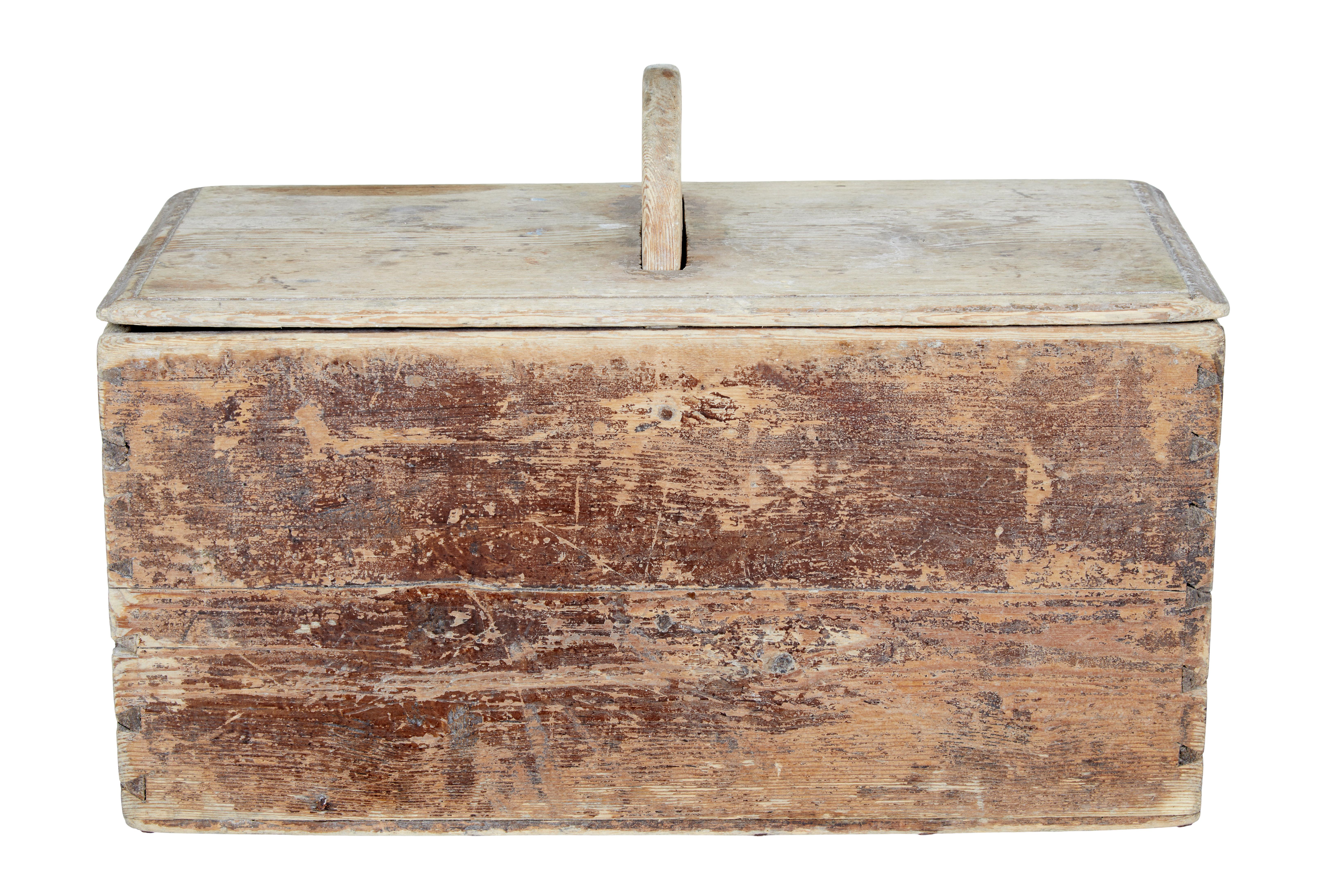 Early 19th century swedish pine bread storage box circa 1810.

Fine quality piece of early 19th century practical design, utilising the handle to act as a central partition as well. We believe this to be from bread storage but it could of had a
