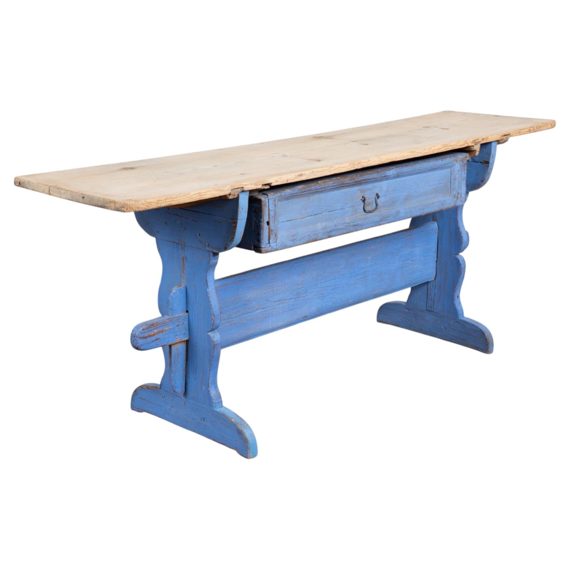 Early 19th-Century Swedish Pine Console Table with Blue Trestle Base For Sale