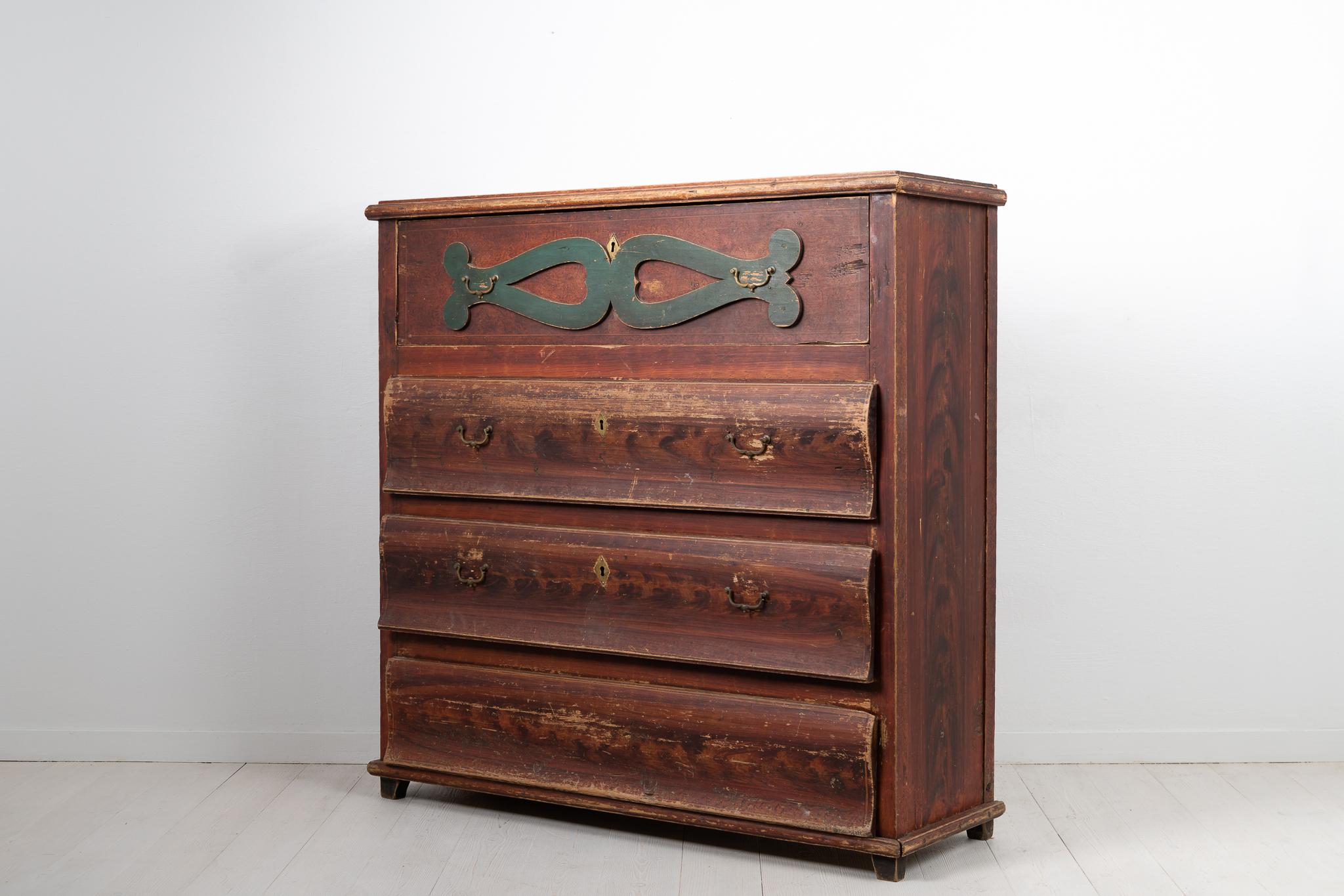 Hand-Crafted Antique Genuine Swedish Red Tall Pine Folk Art Country Chest of Drawers For Sale