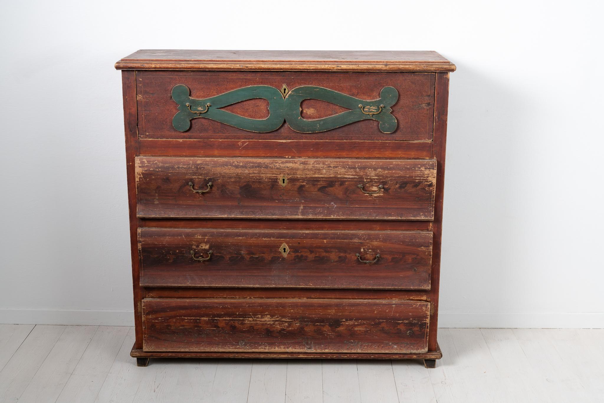 Antique Genuine Swedish Red Tall Pine Folk Art Country Chest of Drawers For Sale 1