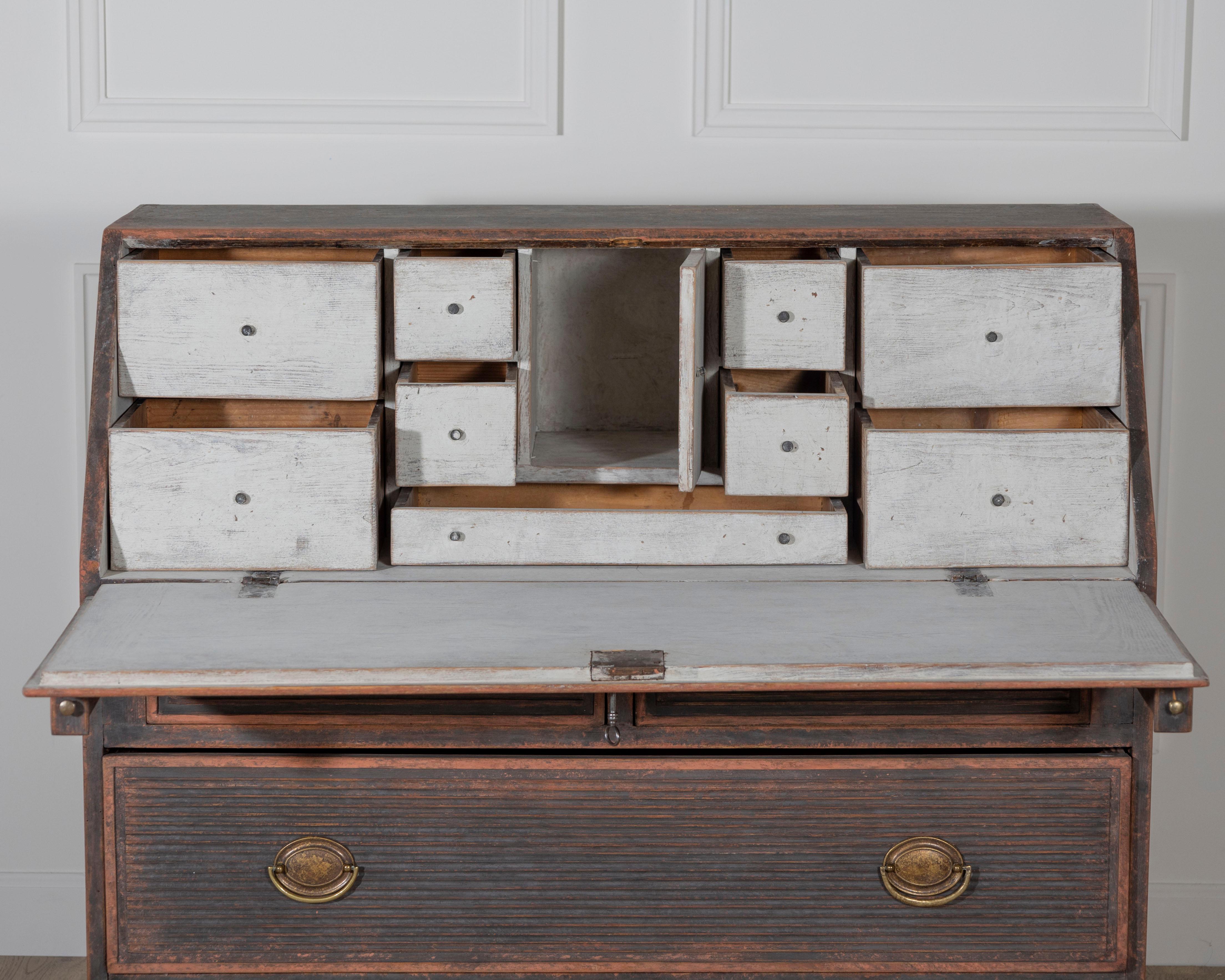 Pine Early 19th Century Swedish Secretary in Black with Painted Interior, circa 1810 For Sale