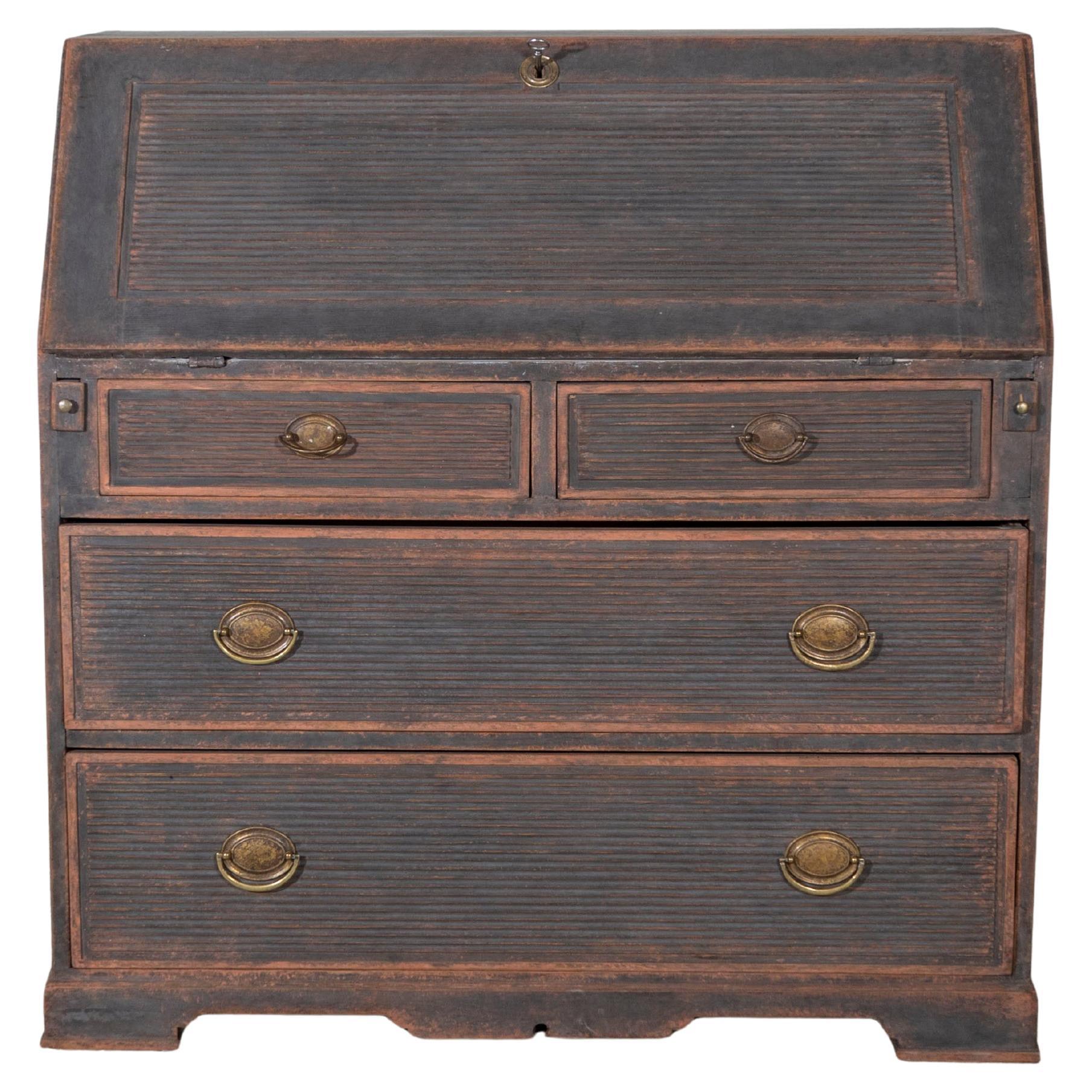 Early 19th Century Swedish Secretary in Black with Painted Interior, circa 1810 For Sale