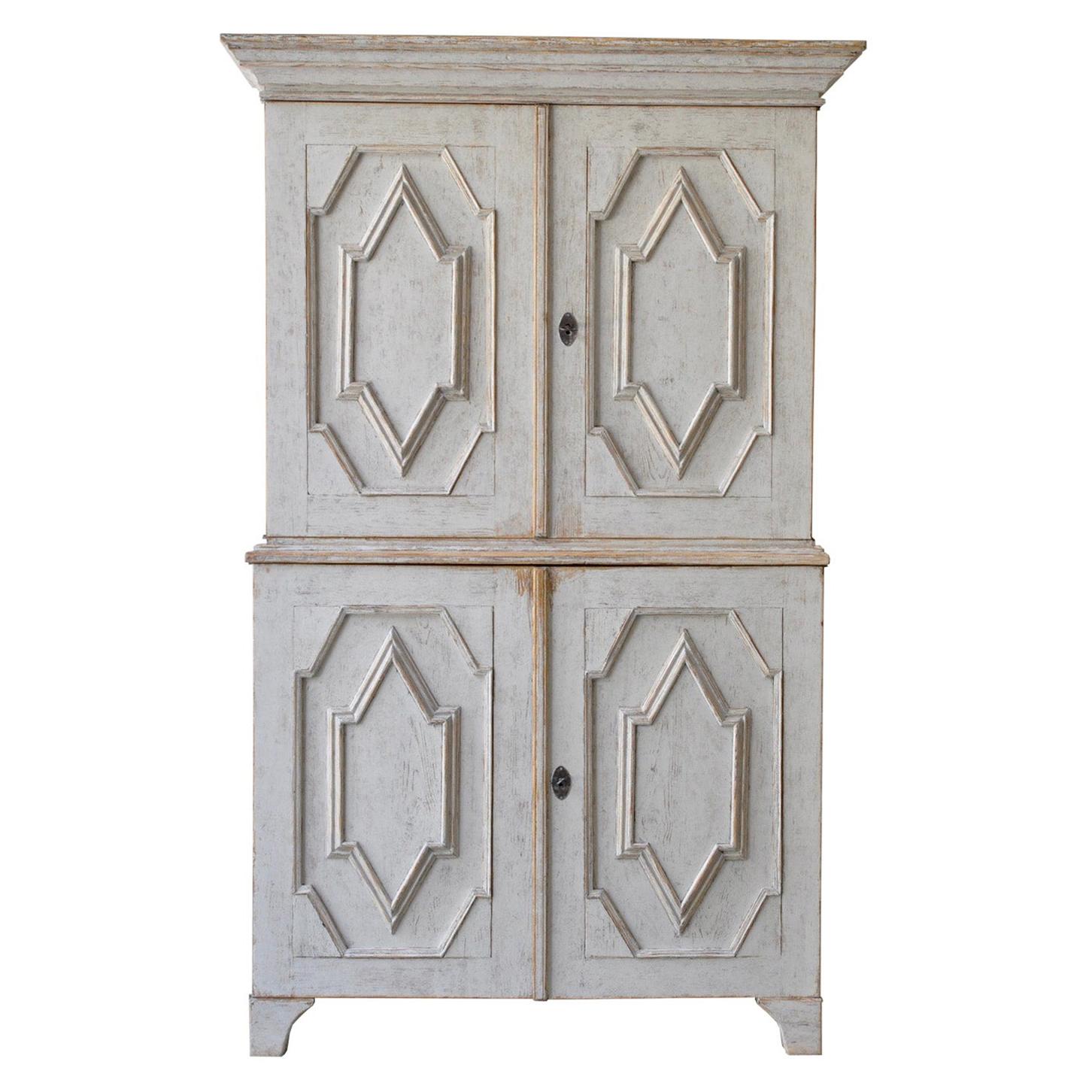 Early 19th Century Swedish Two Part Gray Baroque Cabinet with Carved Details