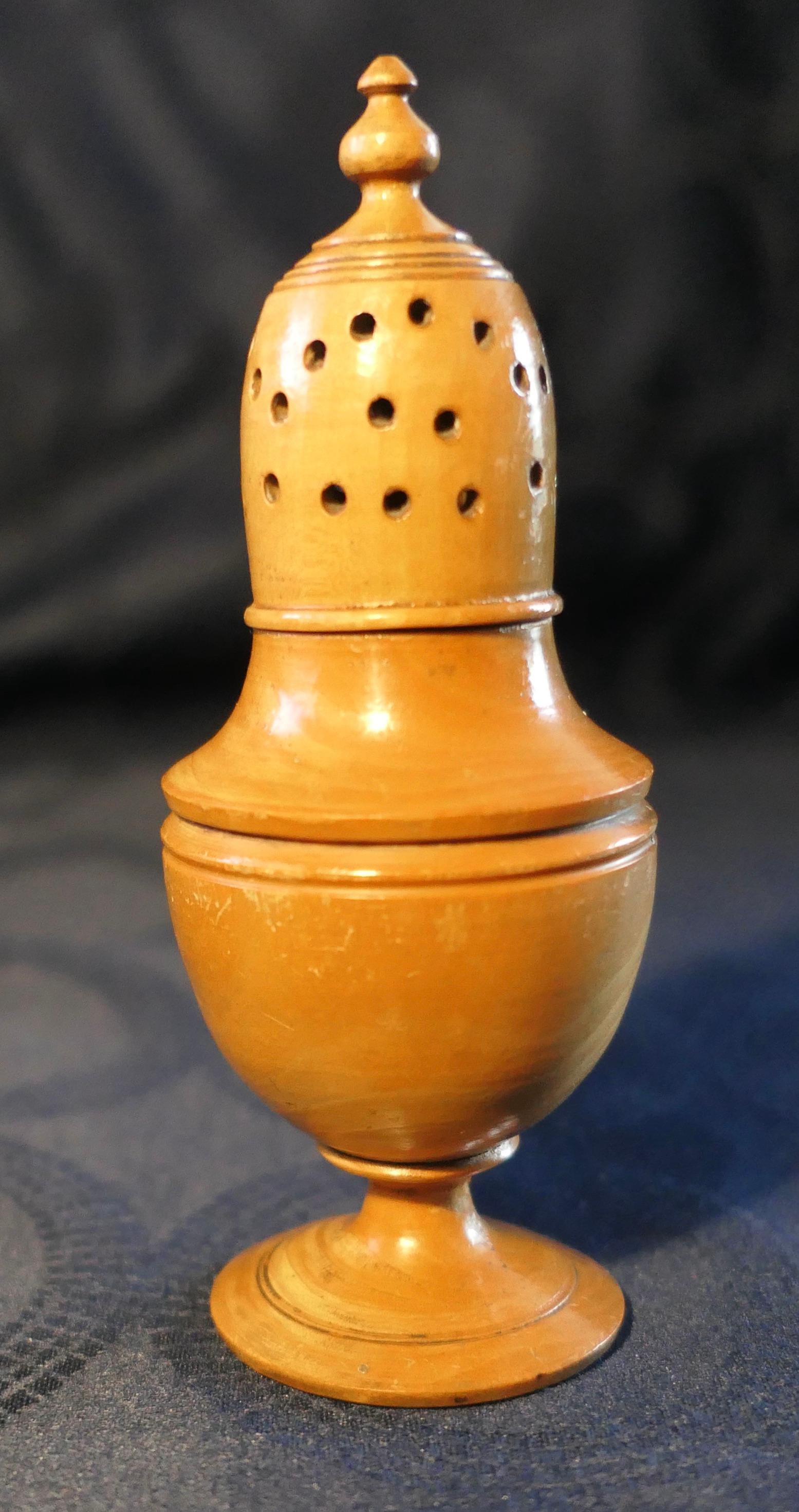 Early 19th Century Sycamore Muffineer, Sugar Shaker

This beautiful piece has been hand turned on a lathe, it comes into 2 parts so that it can be  filled with sugar or other spices 
The wood has a wonderful colour and patina
The muffineer is in