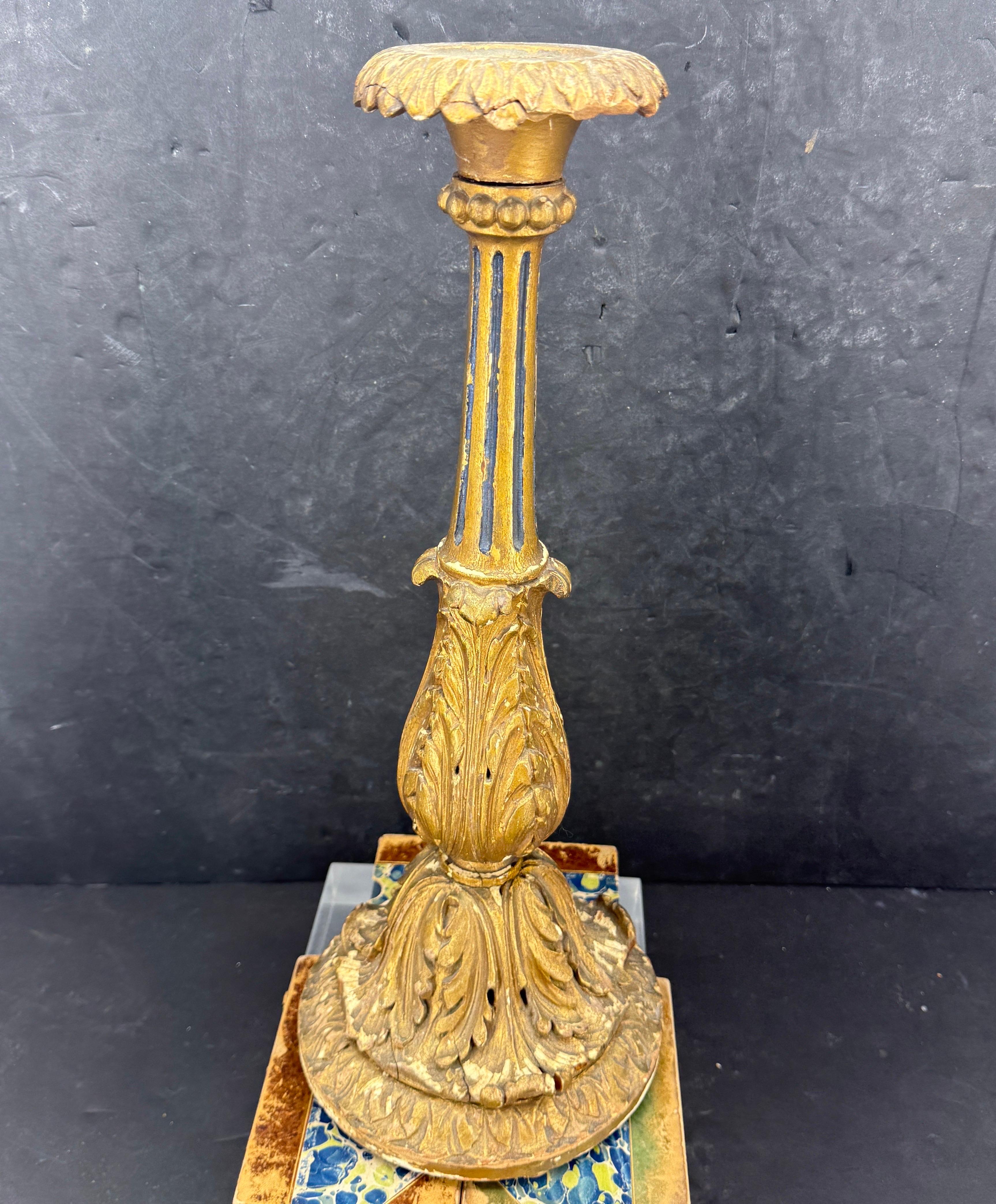 Early 19th Century Tall Italian Wood Gilded Gold Candlestick For Sale 2
