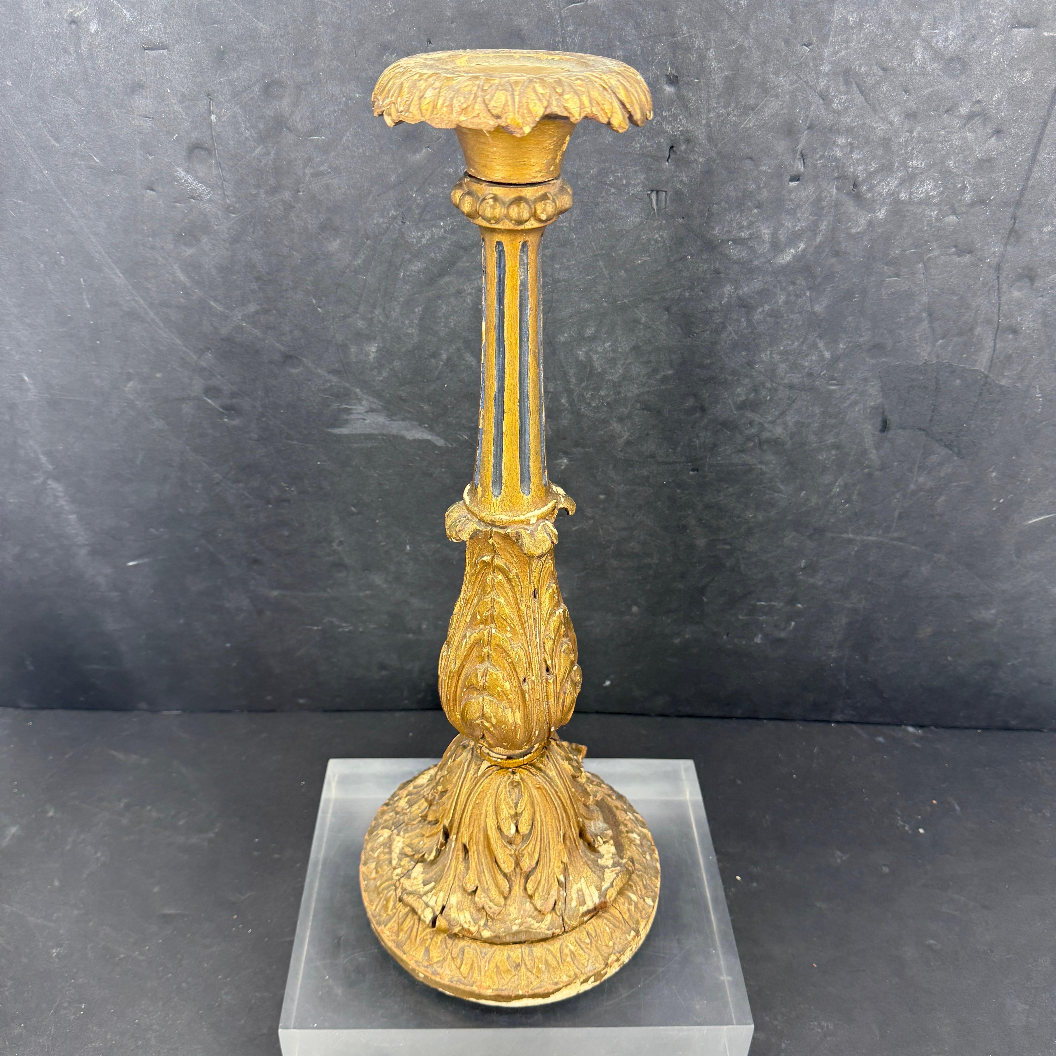 Early 19th Century Tall Italian Wood Gilded Gold Candlestick For Sale 3