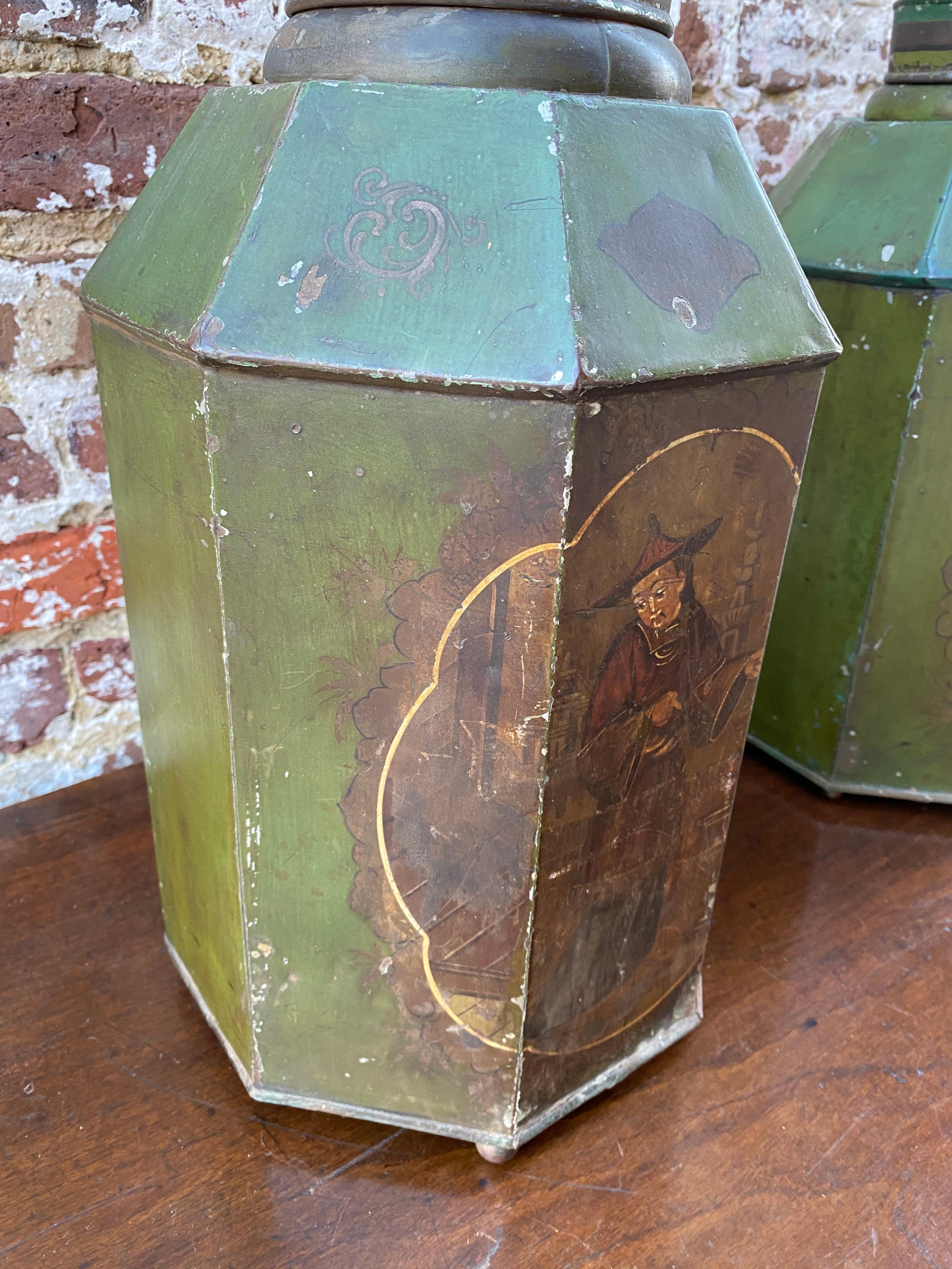Early 19th century tea bins in original green paint with decorative paint.