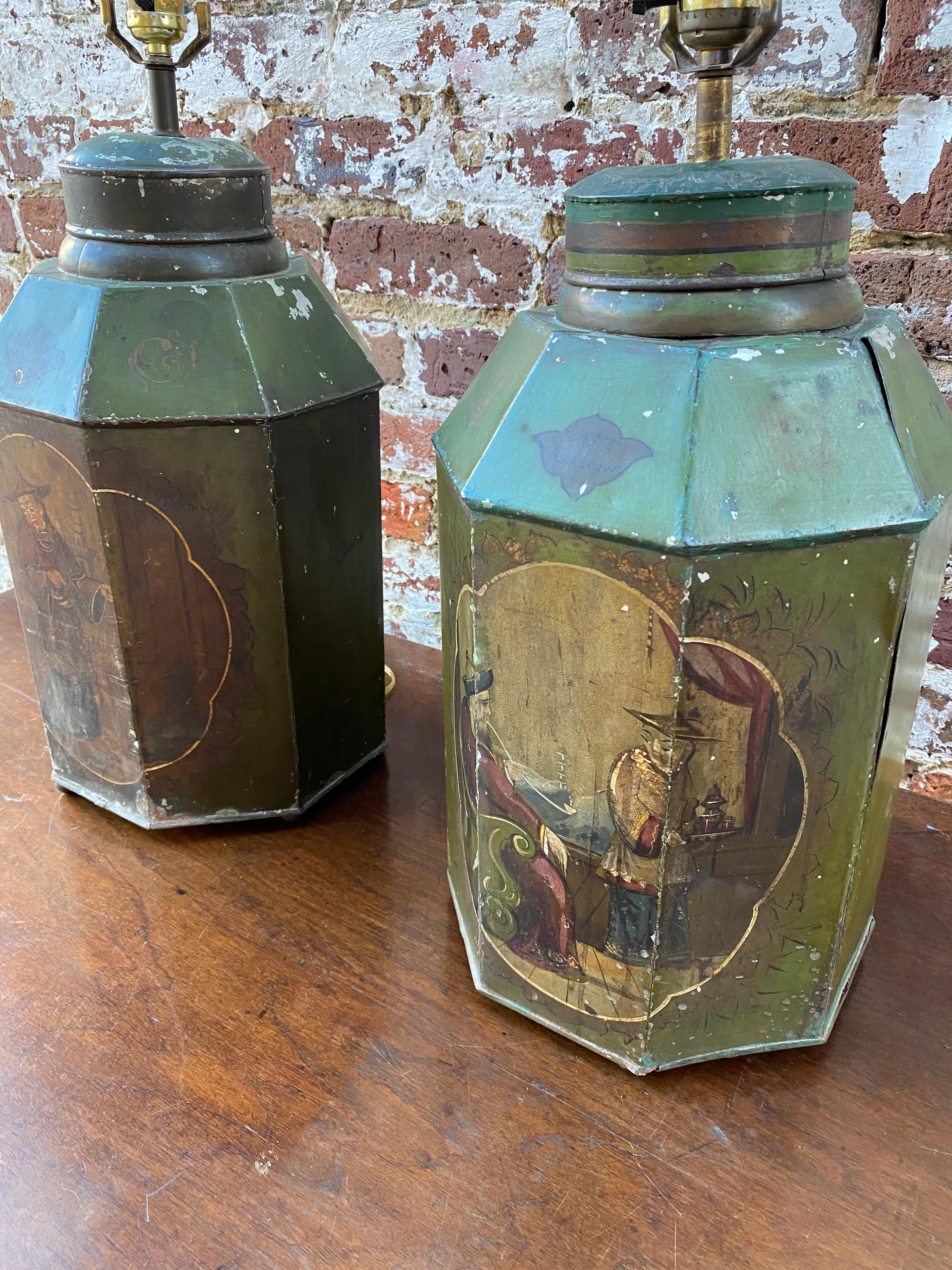European Early 19th Century Tea Bins in Original Green Paint with Decorative Paint