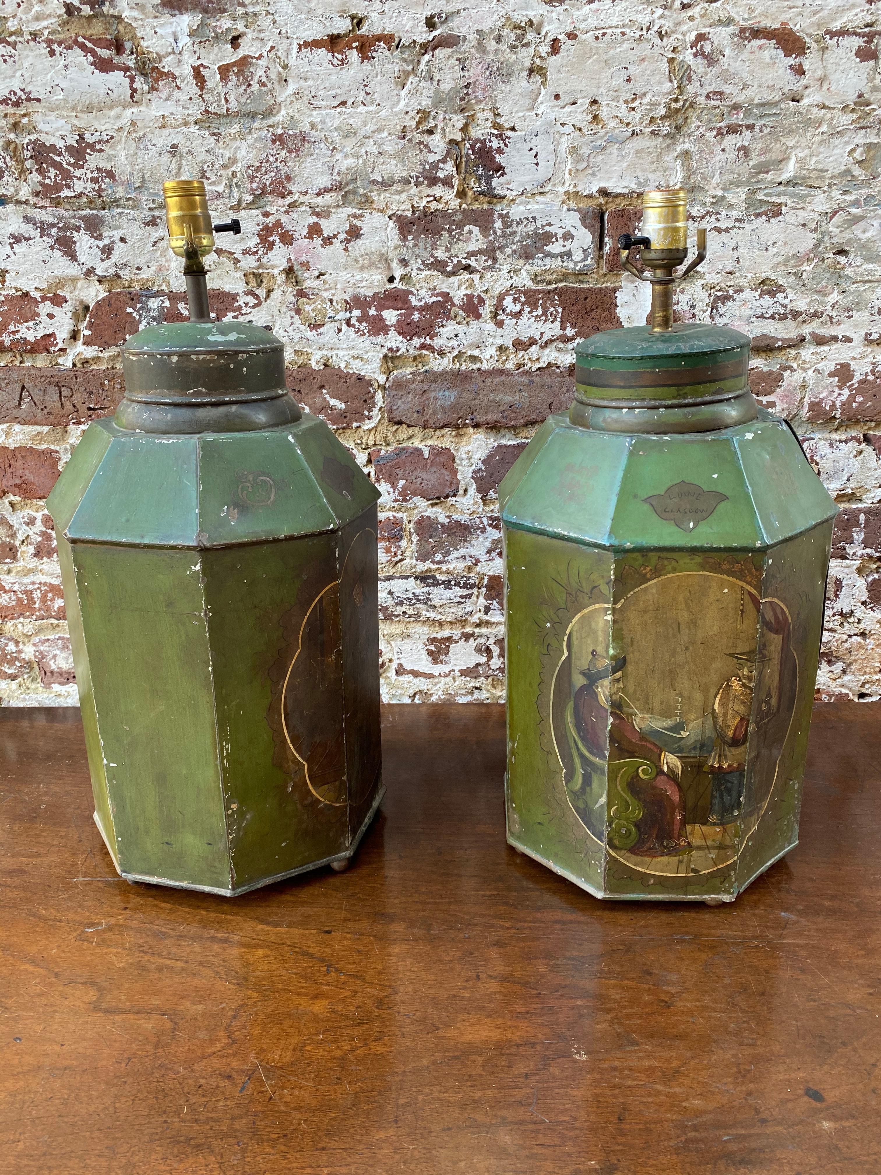 Tin Early 19th Century Tea Bins in Original Green Paint with Decorative Paint