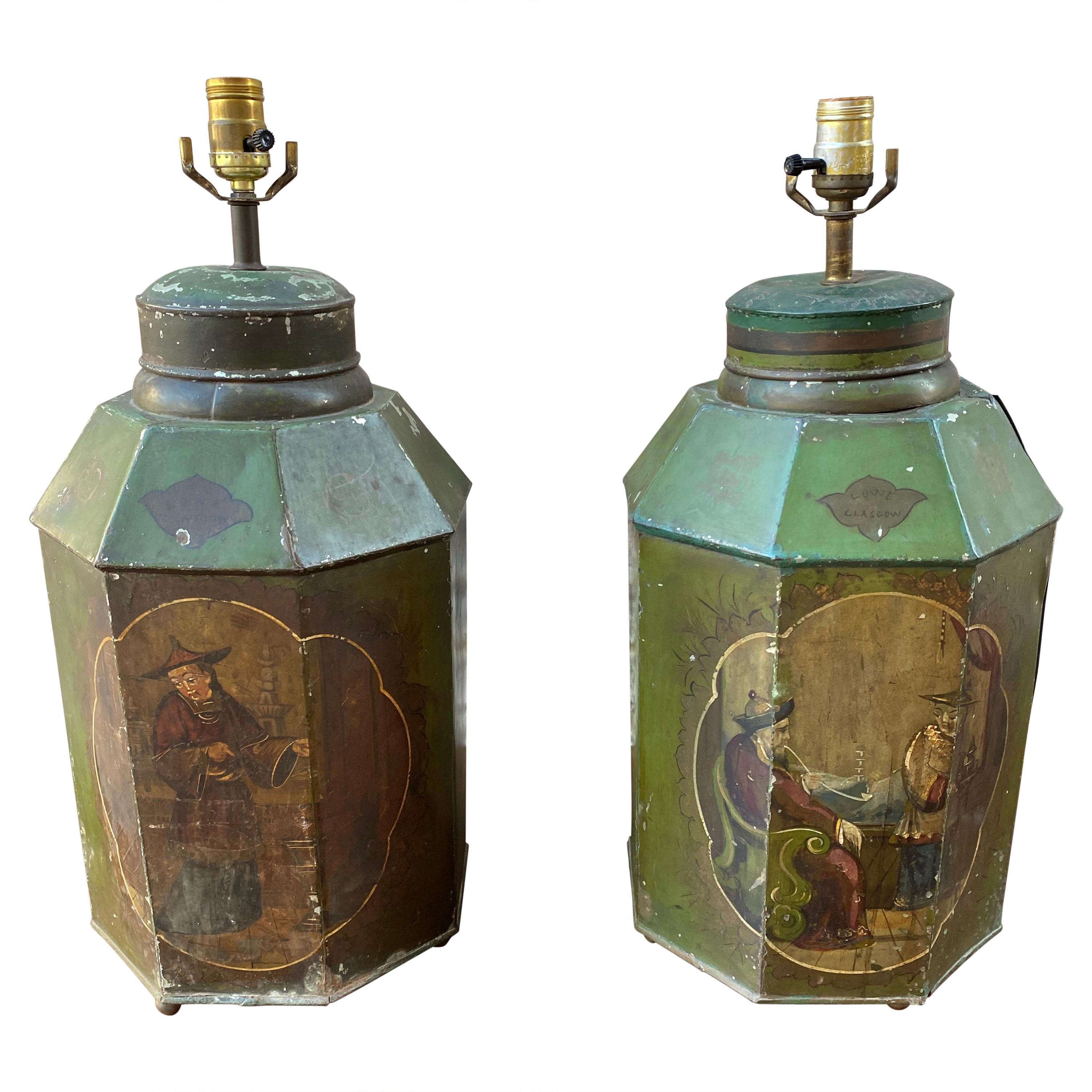 Early 19th Century Tea Bins in Original Green Paint with Decorative Paint