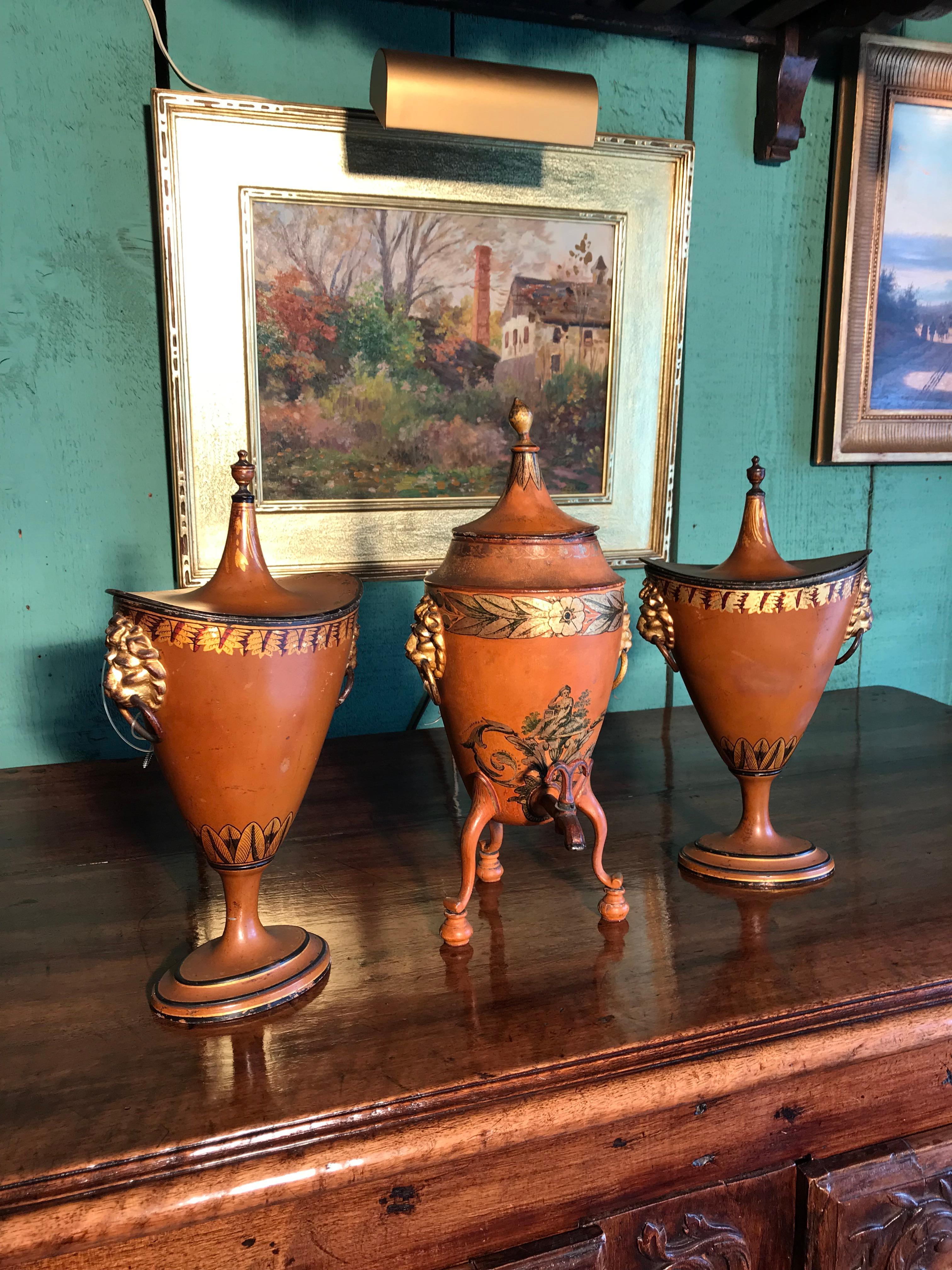 19th Century English Regency 3 Garniture Chestnut Urns tole Tea Urn Los Angeles  For Sale 1