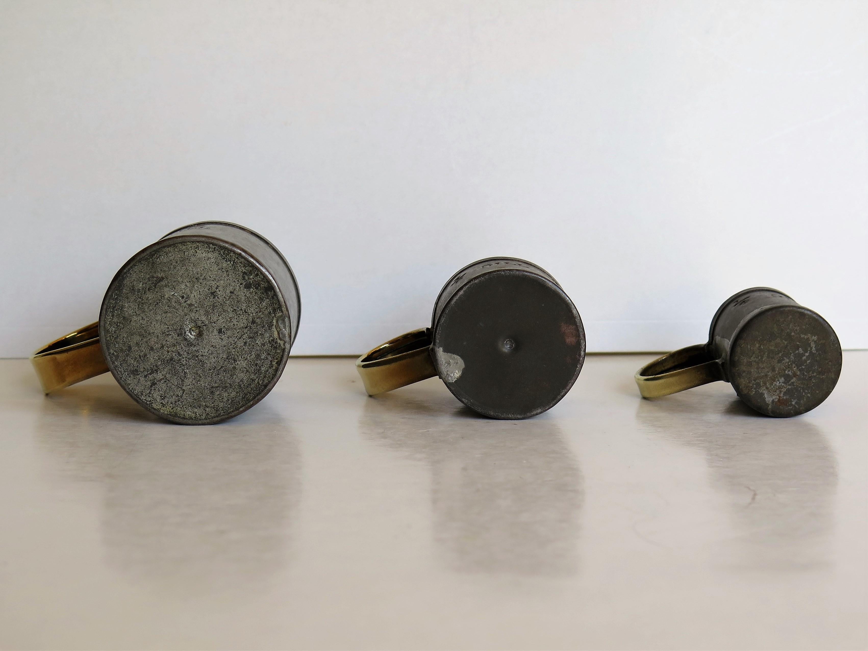 Early 19th Century Three Graduated Gill Measuring Cups Tin with Brass Handles 5