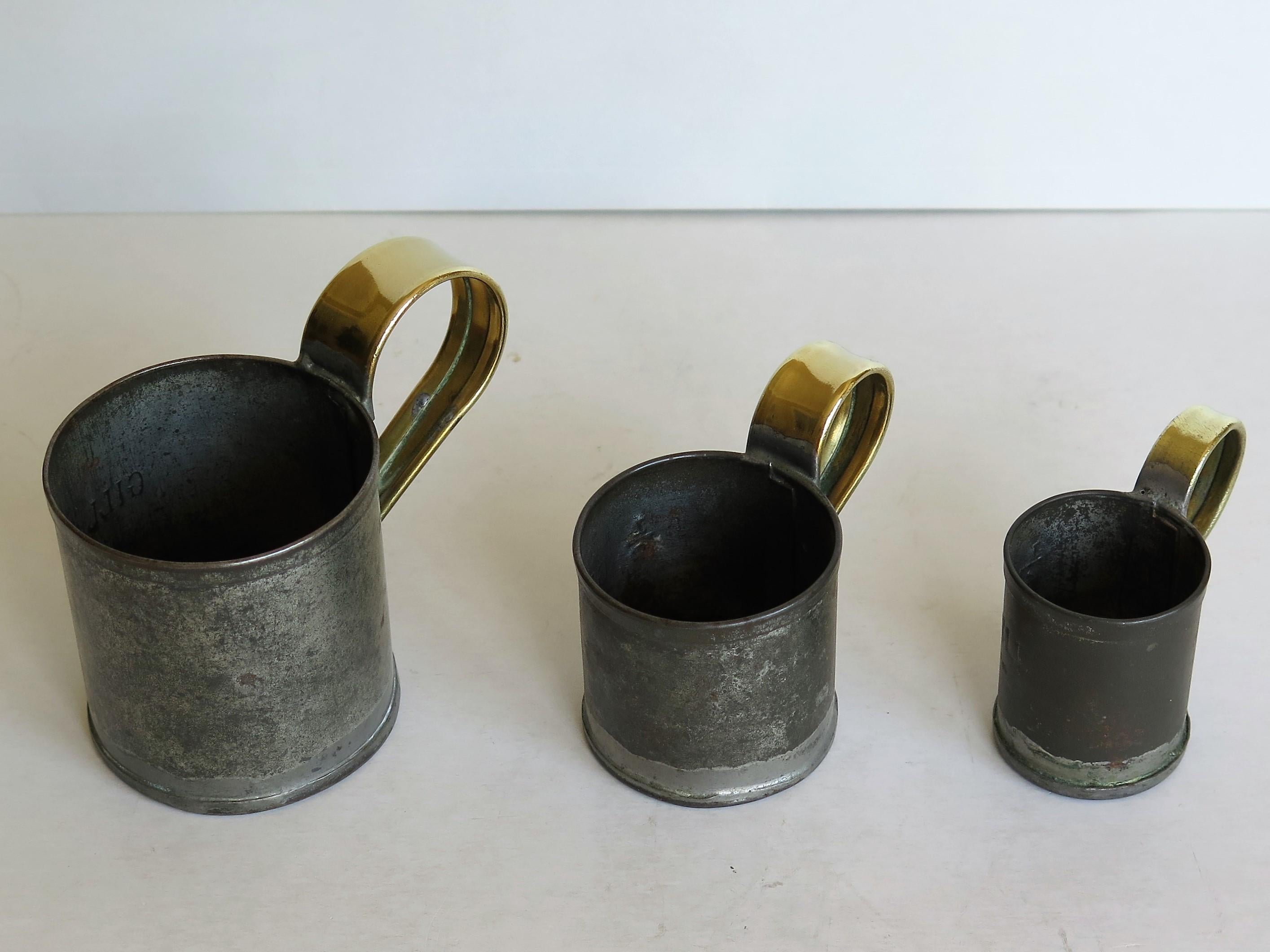 Early Victorian Early 19th Century Three Graduated Gill Measuring Cups Tin with Brass Handles