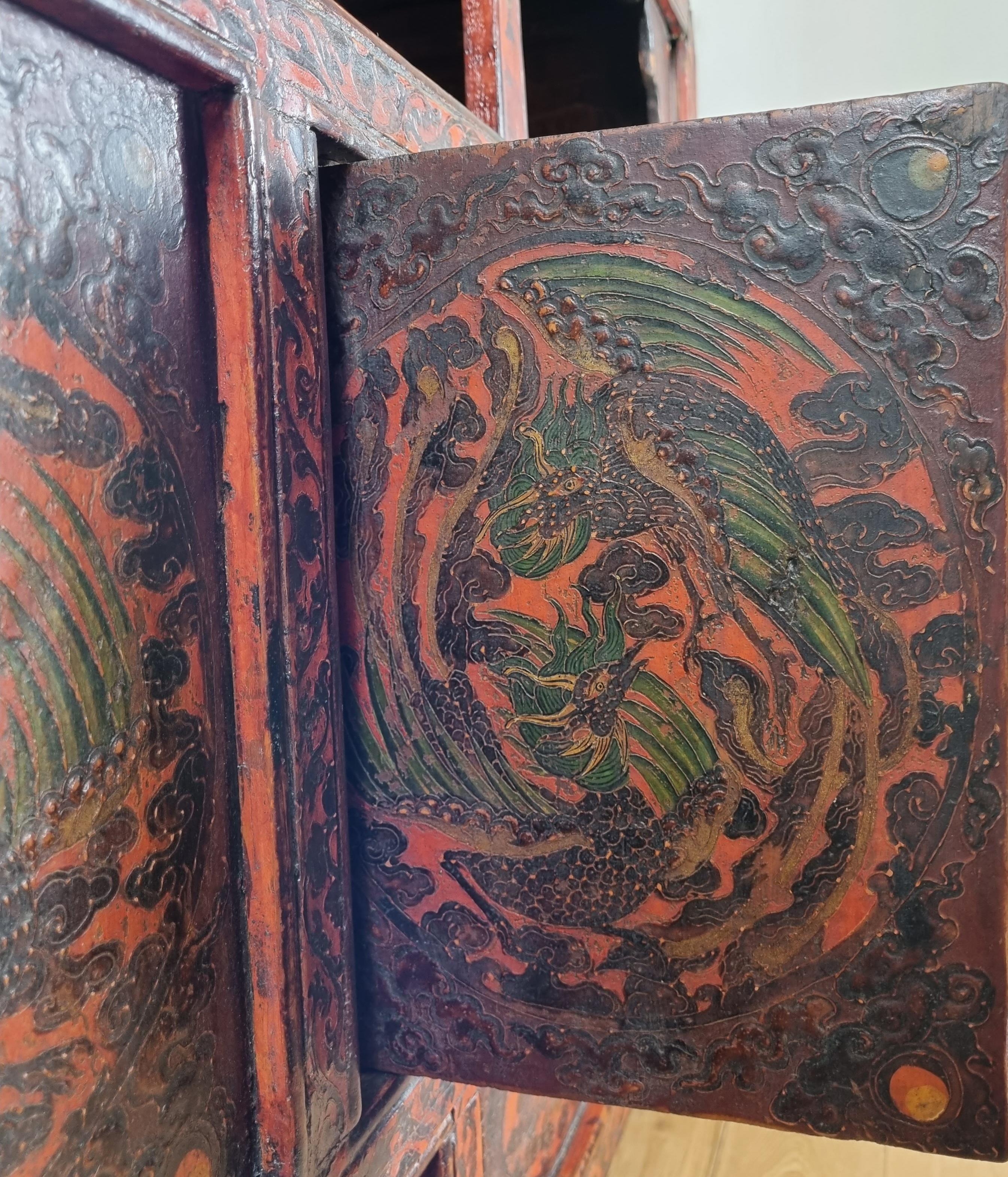 Hand-Painted Early 19th Century Tibetan Cabinet / Altar Cabinet For Sale