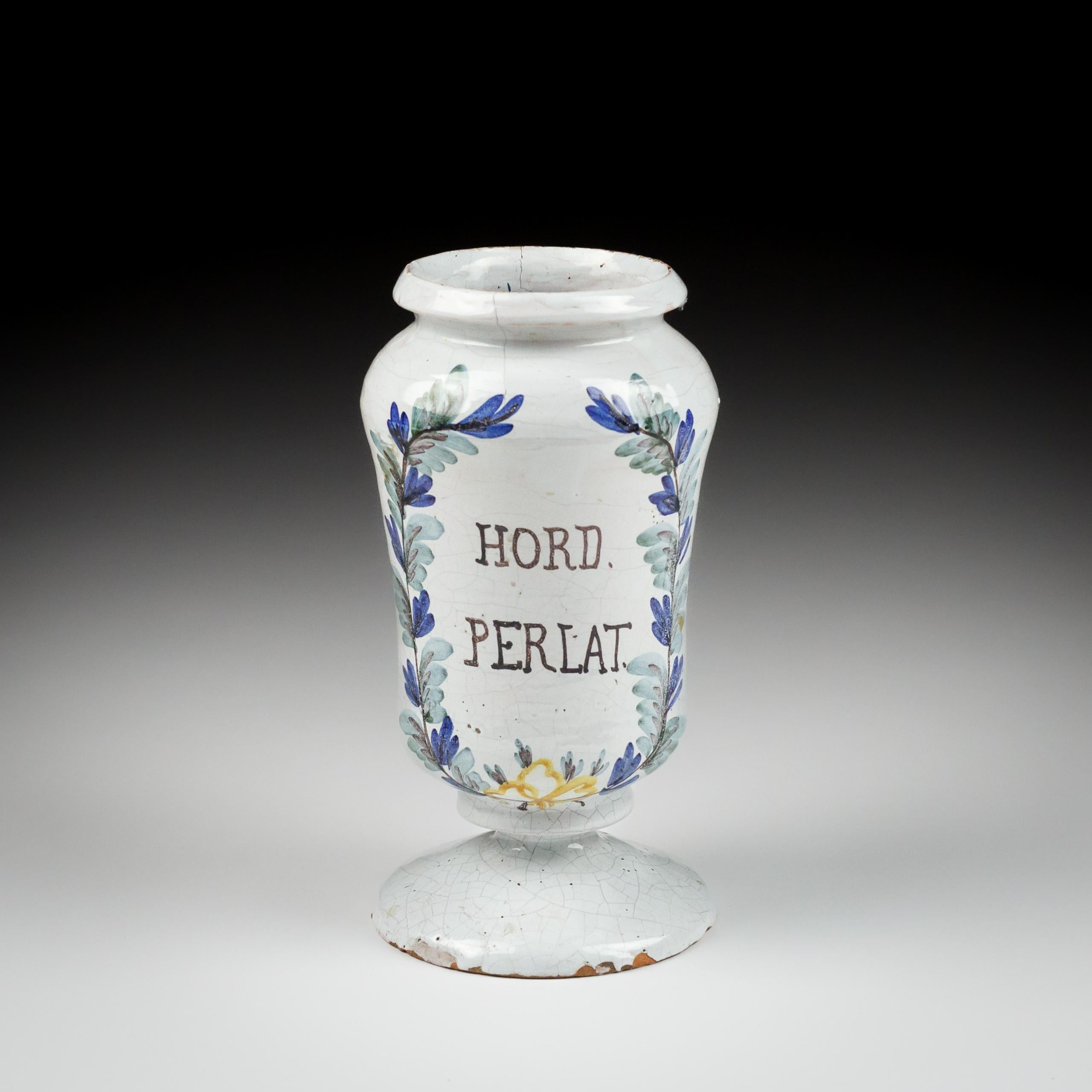 Frühes 19. Jahrhundert Albarello oder Drogenkrug Hord Perlat aus Zinnglas (Italienisch) im Angebot