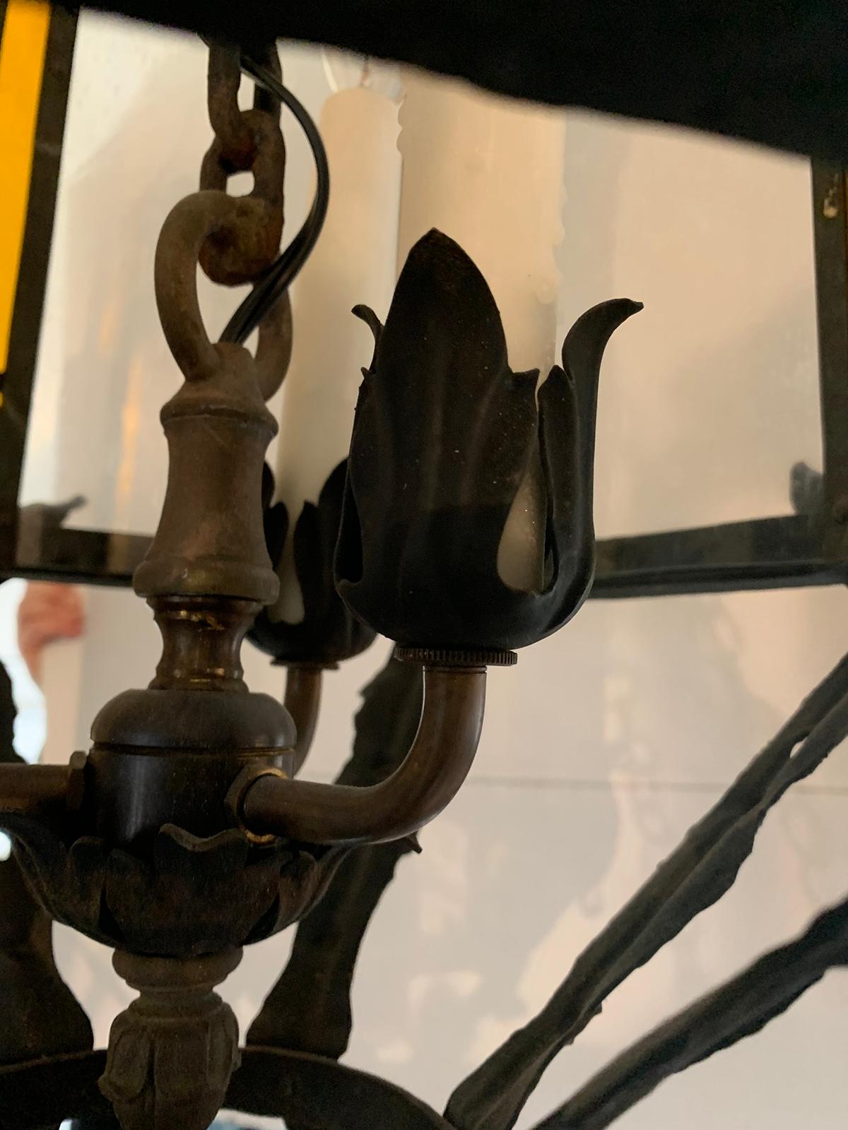 Early 19th Century Tole and Iron Hexagonal Lantern with Amber and Seeded Glass For Sale 7