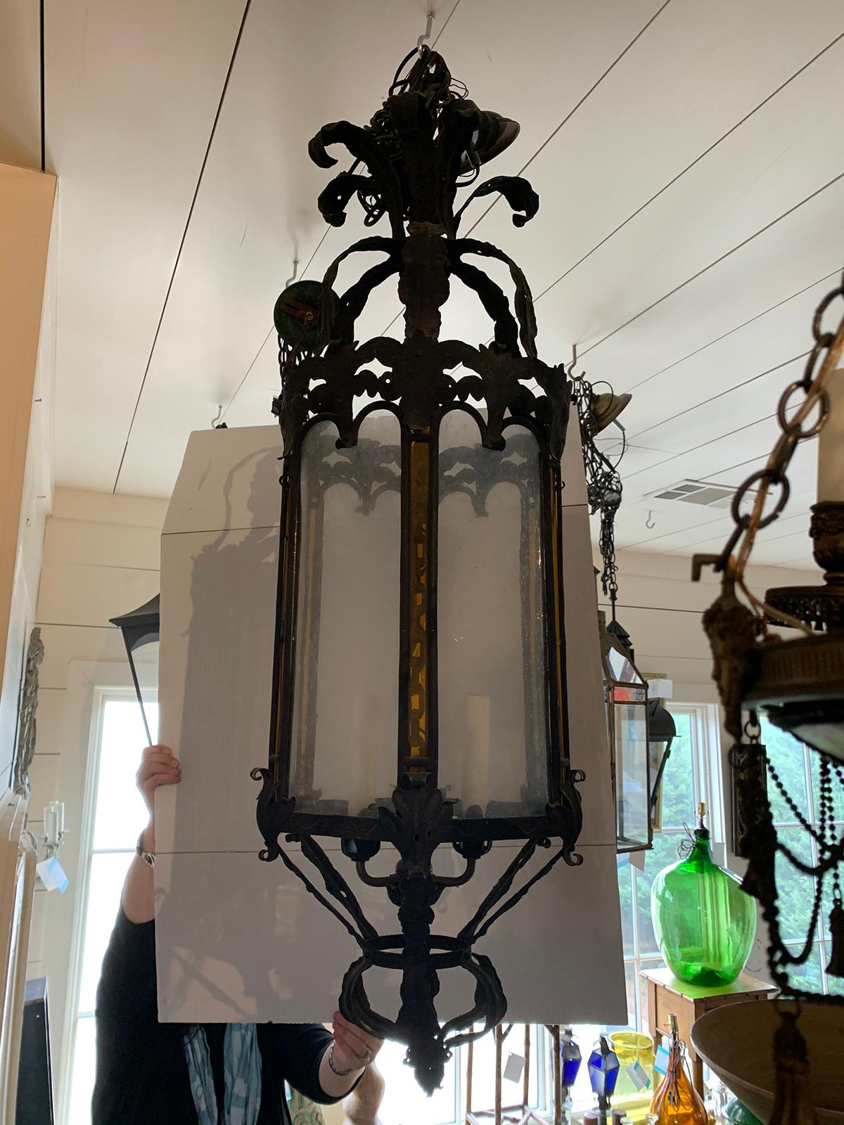 Early 19th Century Tole and Iron Hexagonal Lantern with Amber and Seeded Glass For Sale 8
