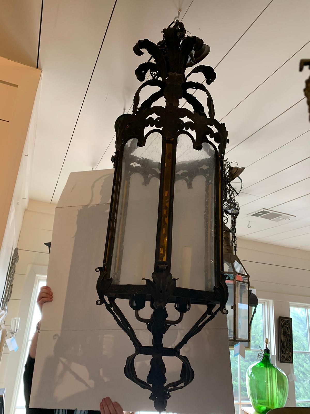 Early 19th Century Tole and Iron Hexagonal Lantern with Amber and Seeded Glass For Sale 9