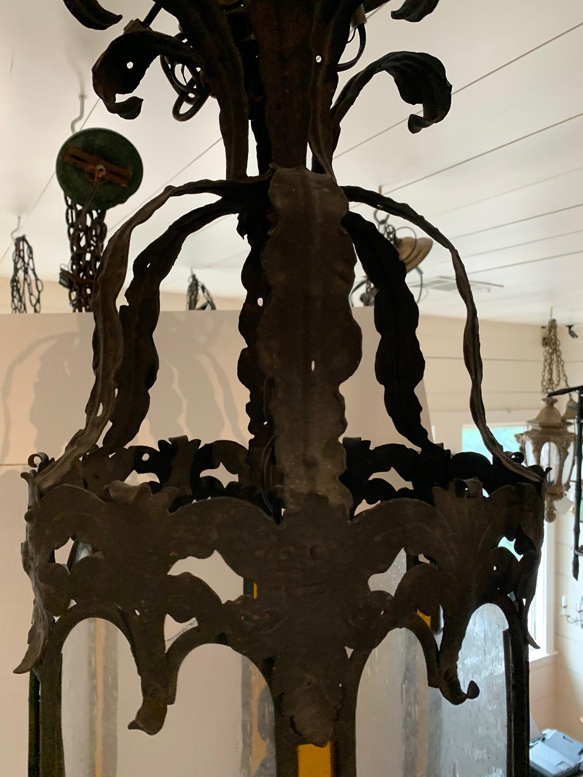 Early 19th Century Tole and Iron Hexagonal Lantern with Amber and Seeded Glass For Sale 11