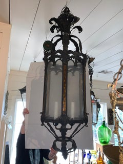Early 19th Century Tole and Iron Hexagonal Lantern with Amber and Seeded Glass
