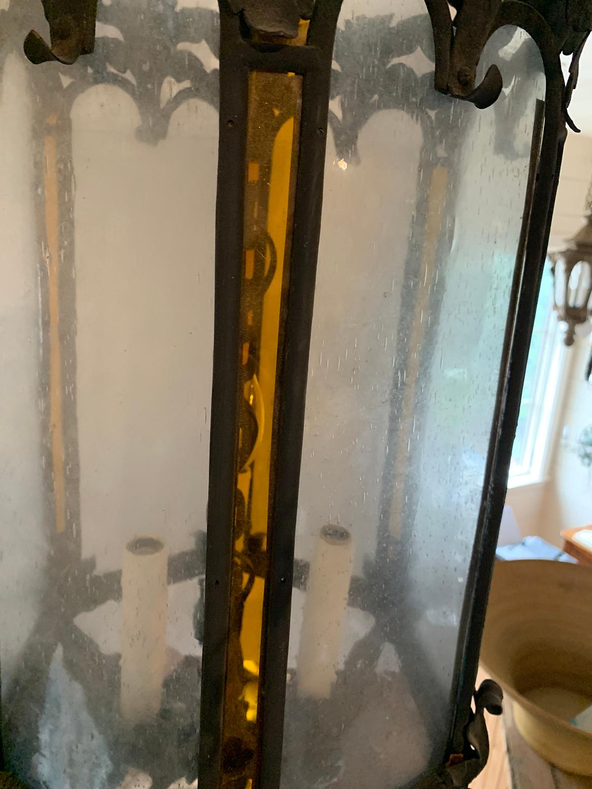 Early 19th Century Tole and Iron Hexagonal Lantern with Amber and Seeded Glass For Sale 2