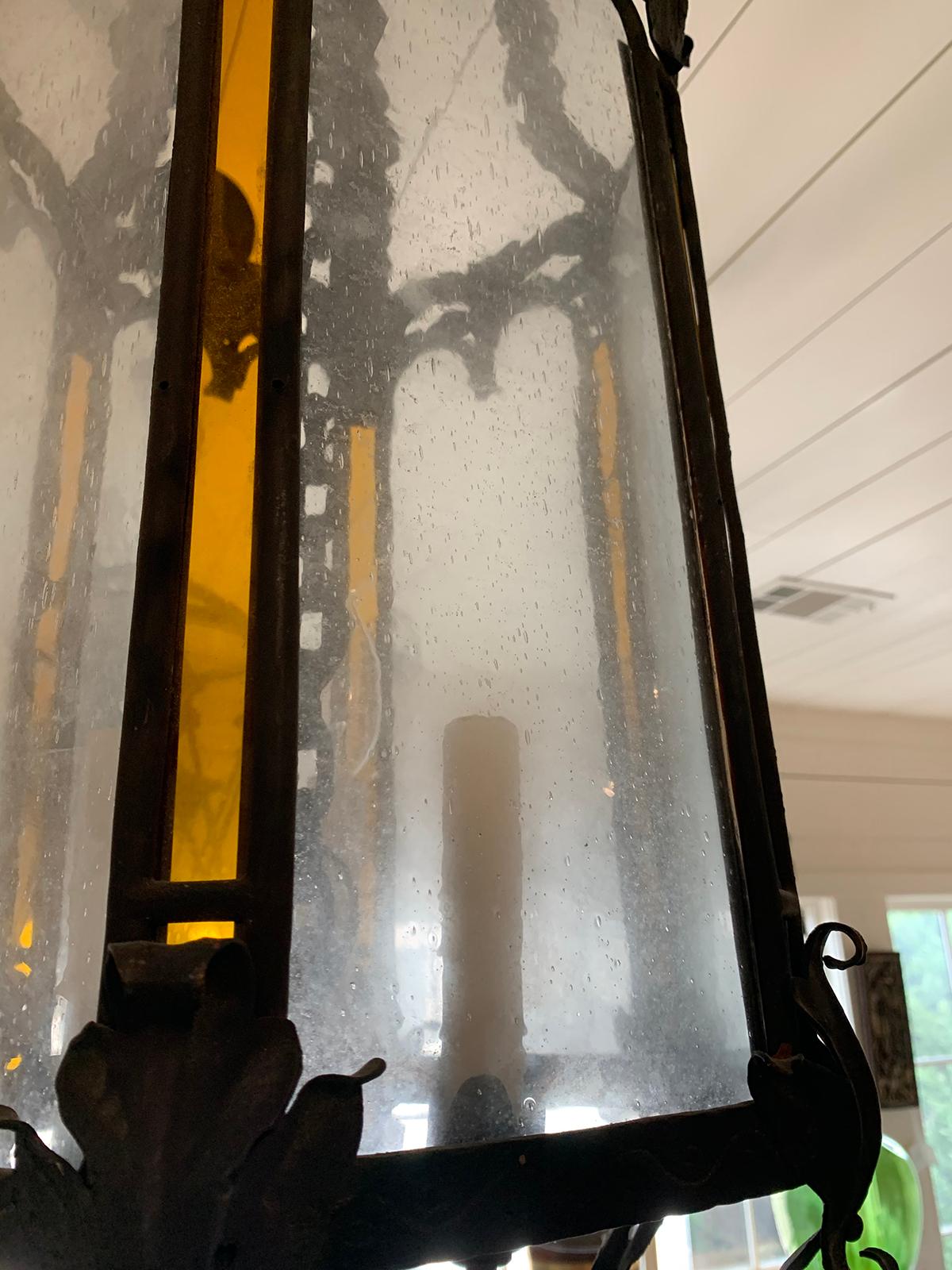 Early 19th Century Tole and Iron Hexagonal Lantern with Amber and Seeded Glass For Sale 3