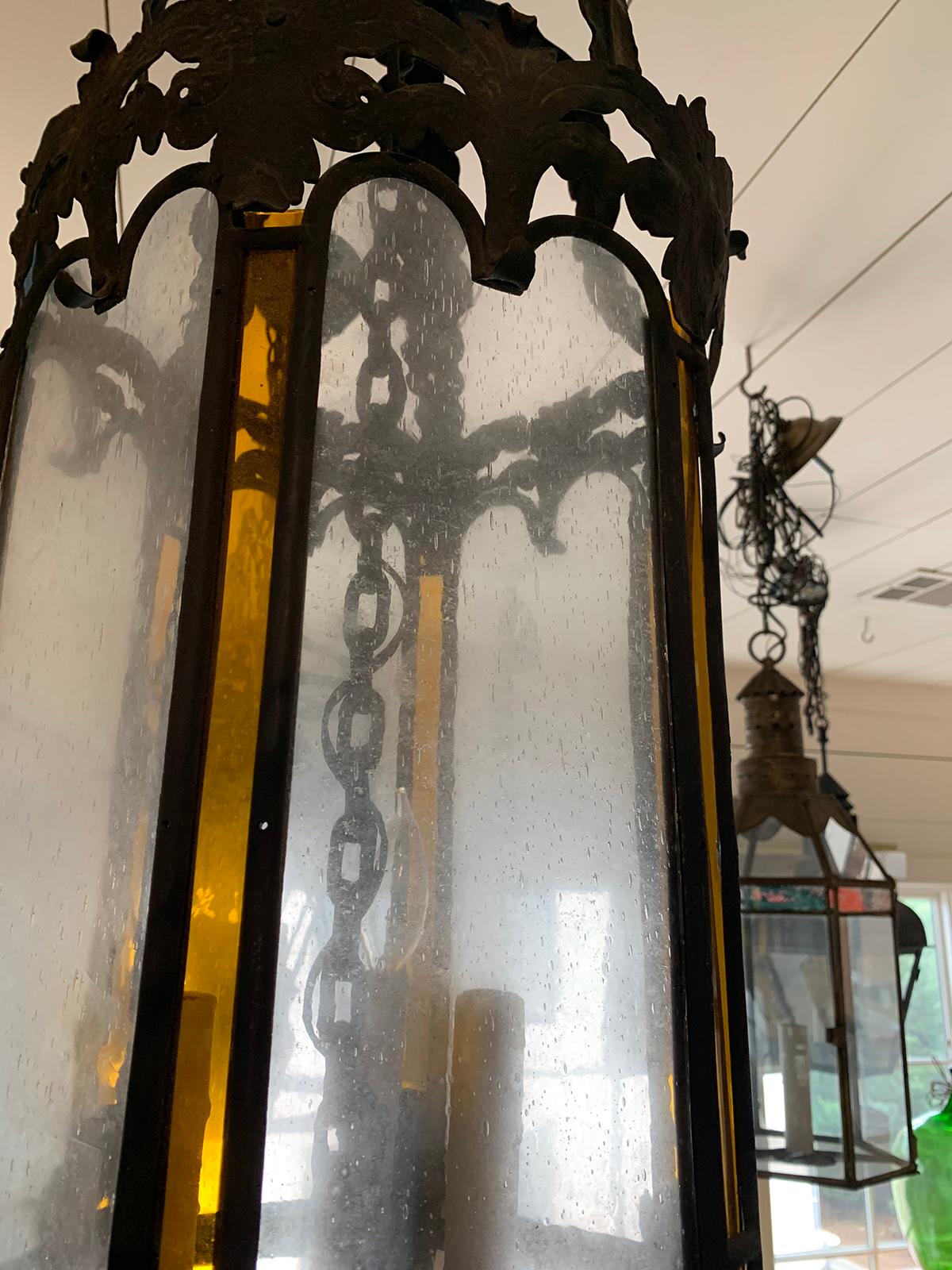 Early 19th Century Tole and Iron Hexagonal Lantern with Amber and Seeded Glass For Sale 4