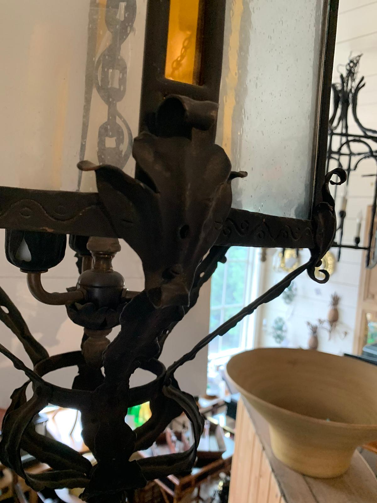 Early 19th Century Tole and Iron Hexagonal Lantern with Amber and Seeded Glass For Sale 6