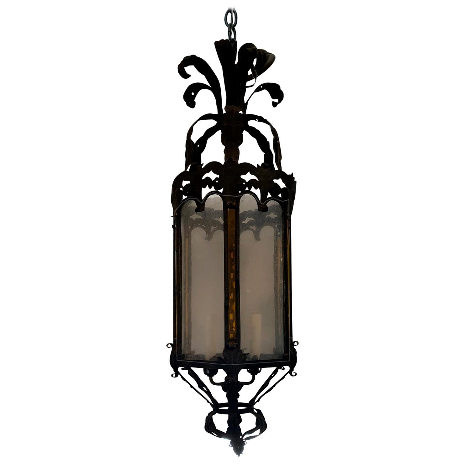 Early 19th Century Tole and Iron Hexagonal Lantern with Amber and Seeded Glass For Sale