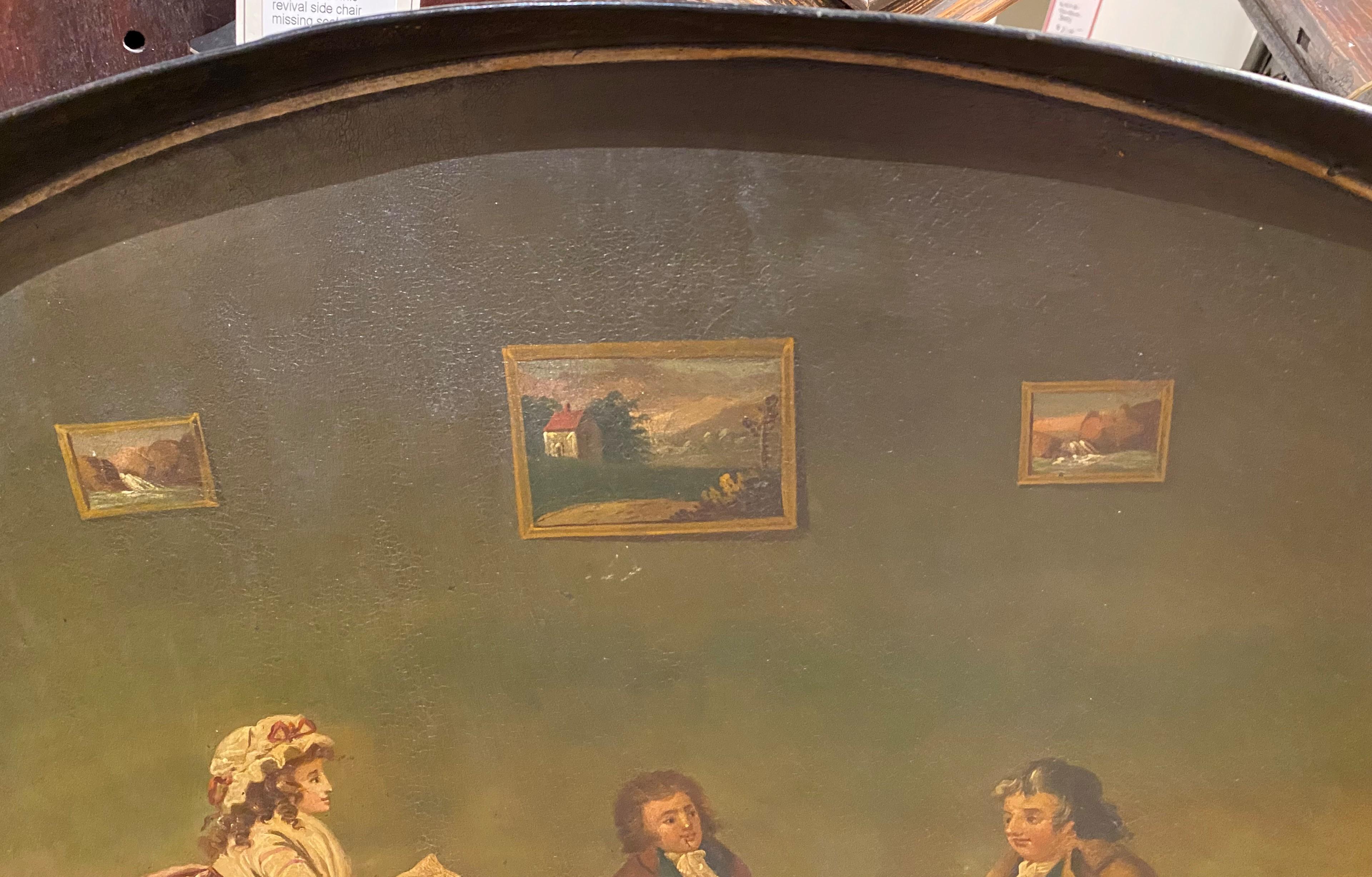 Early 19th Century Tole Painted Tray with Interior Genre Scene, Probably English In Good Condition For Sale In Milford, NH
