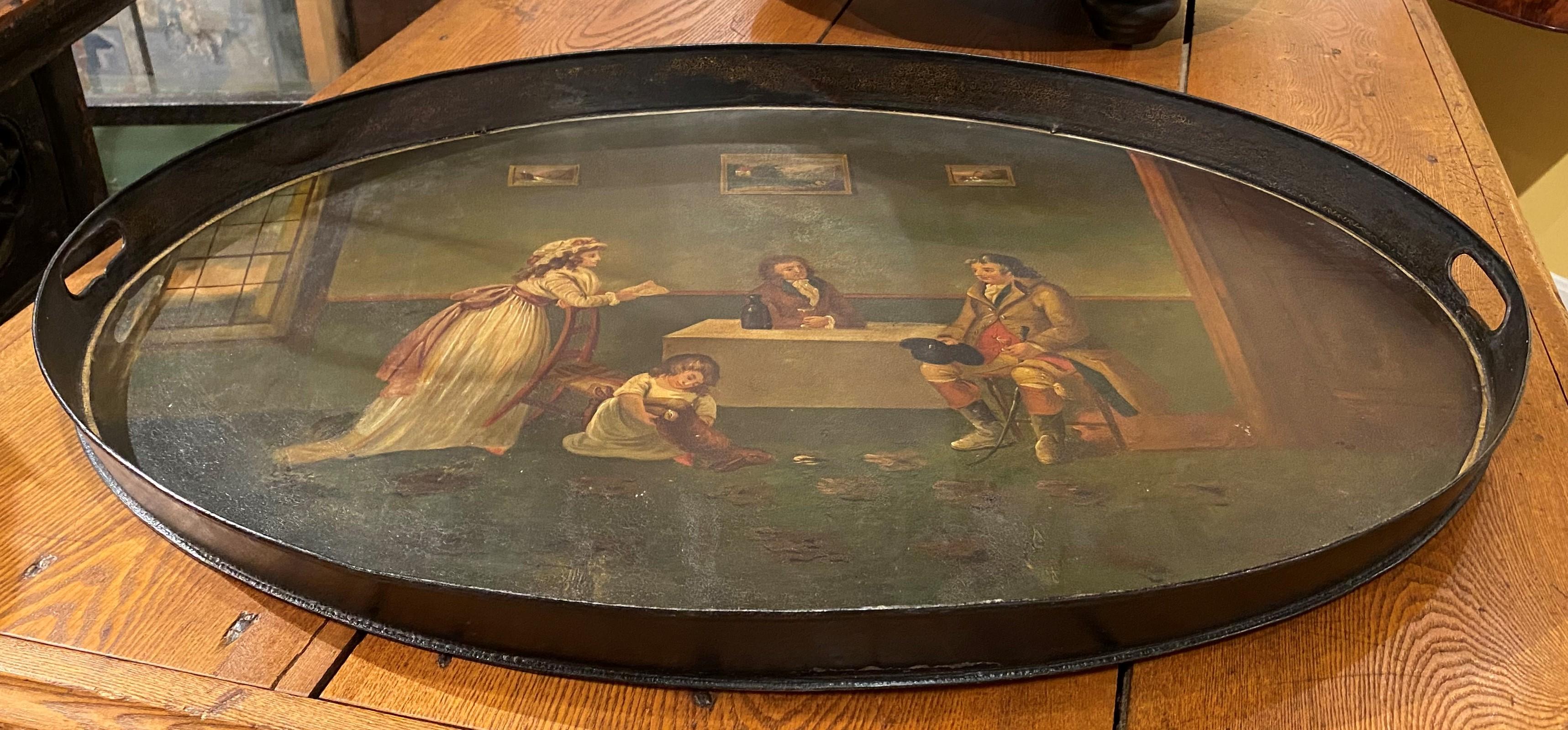 Metal Early 19th Century Tole Painted Tray with Interior Genre Scene, Probably English For Sale